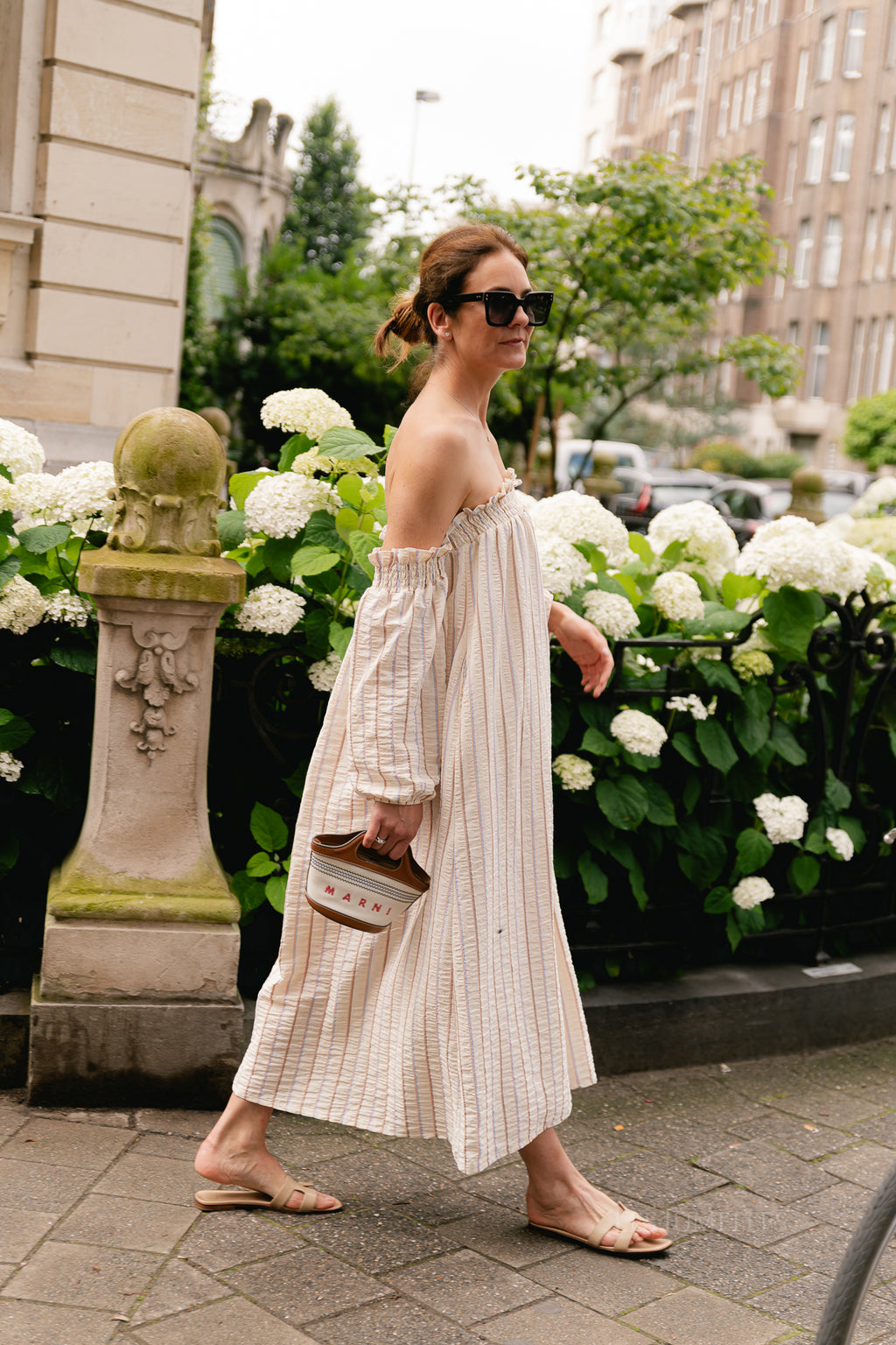 Ophelia off shoulder striped dress ecru