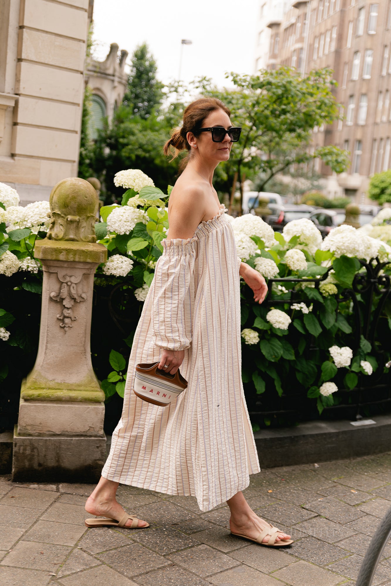 Ophelia off shoulder striped dress ecru