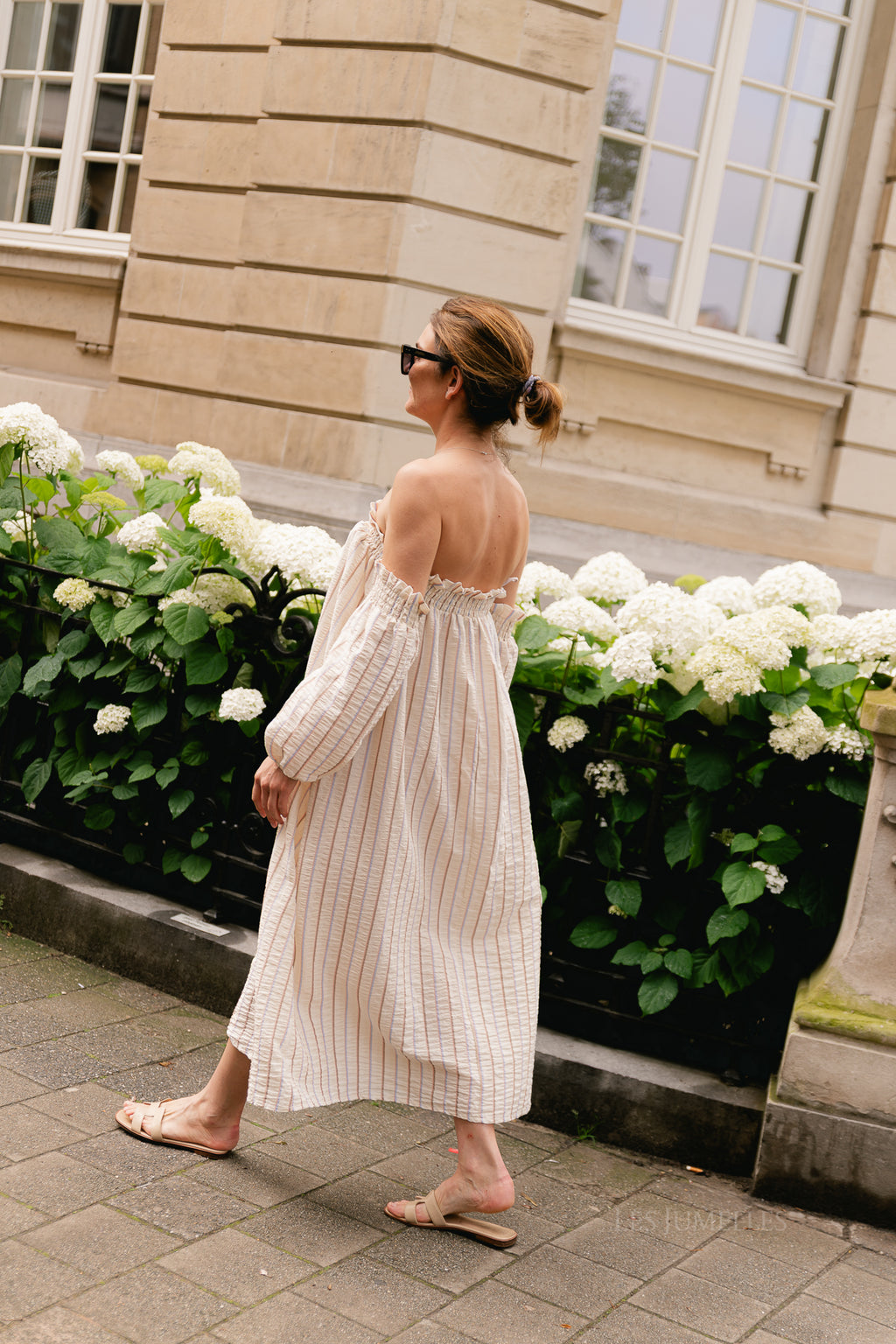Ophelia off shoulder striped dress ecru