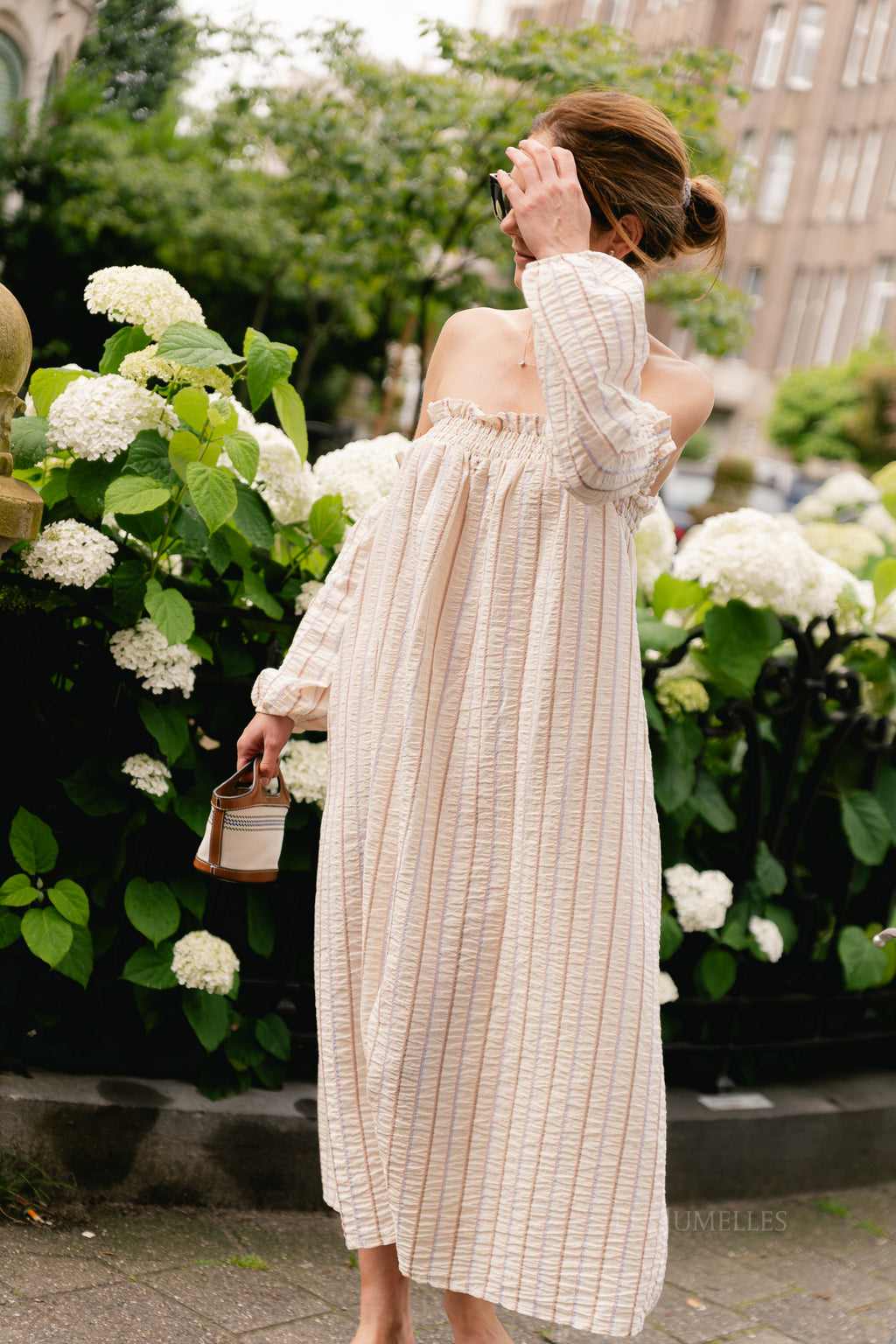 Ophelia off shoulder striped dress ecru