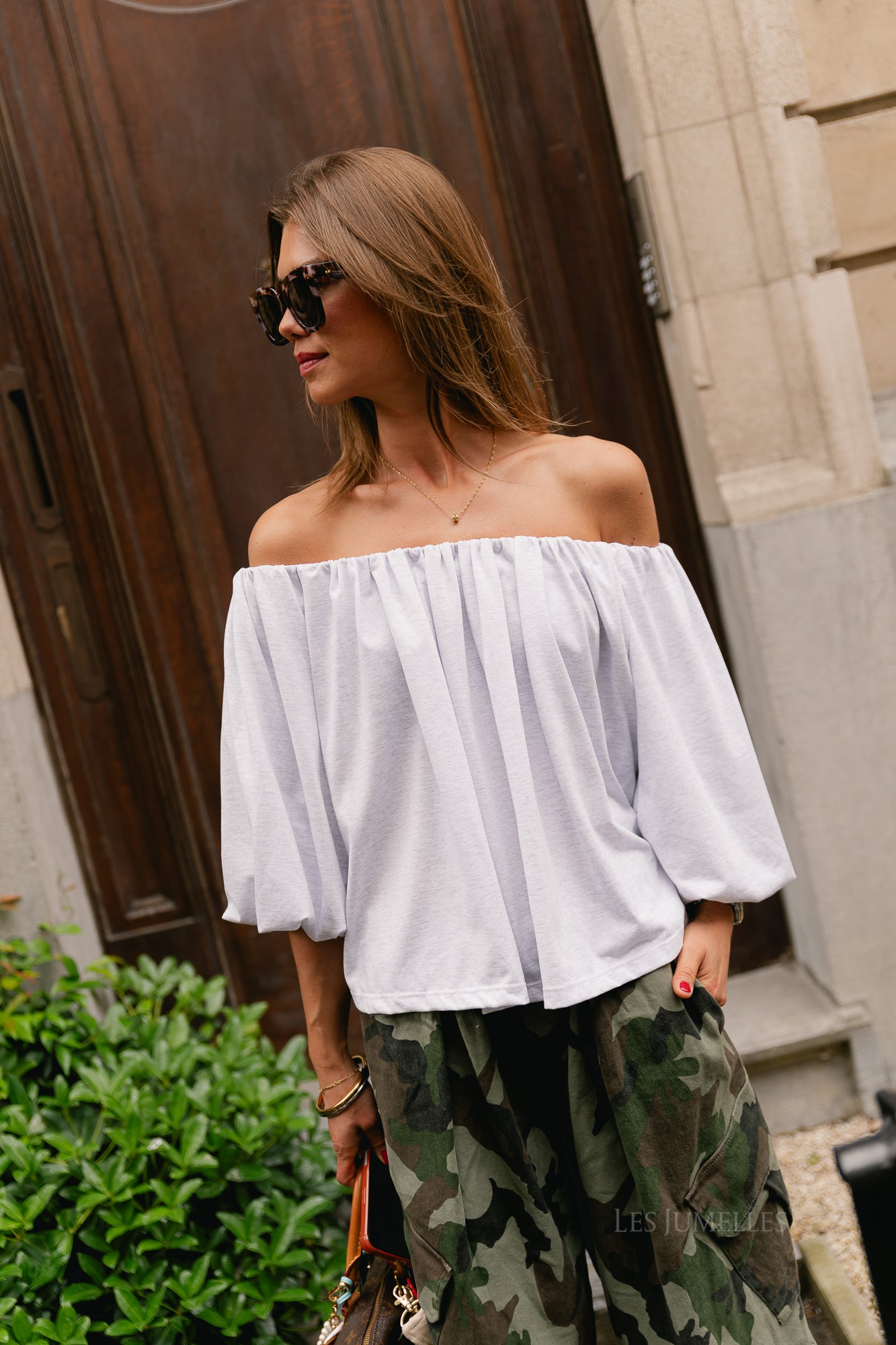 Judith off shoulder blouse light grey melange