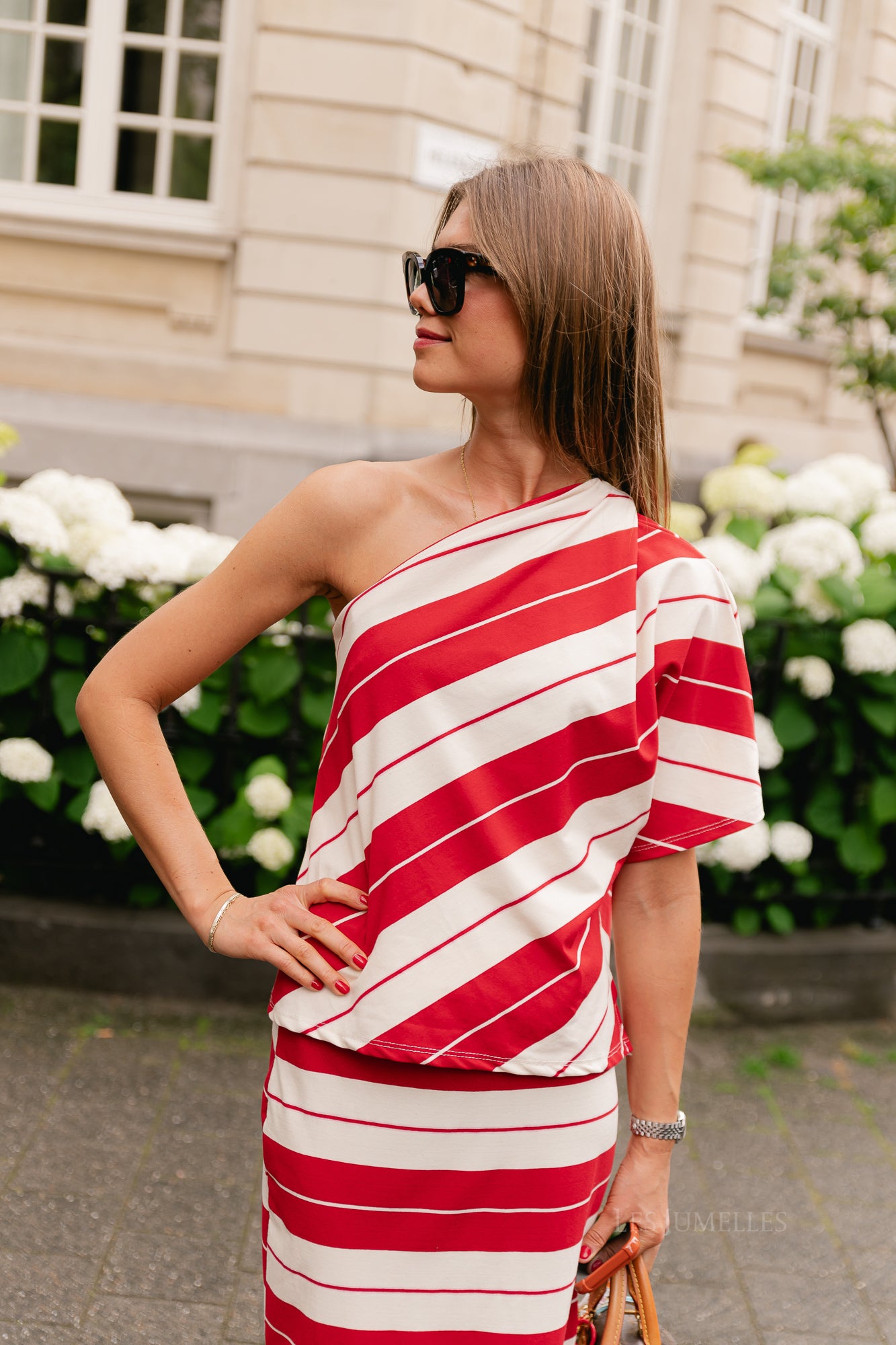 Amy striped one-shoulder shirt red/ecru
