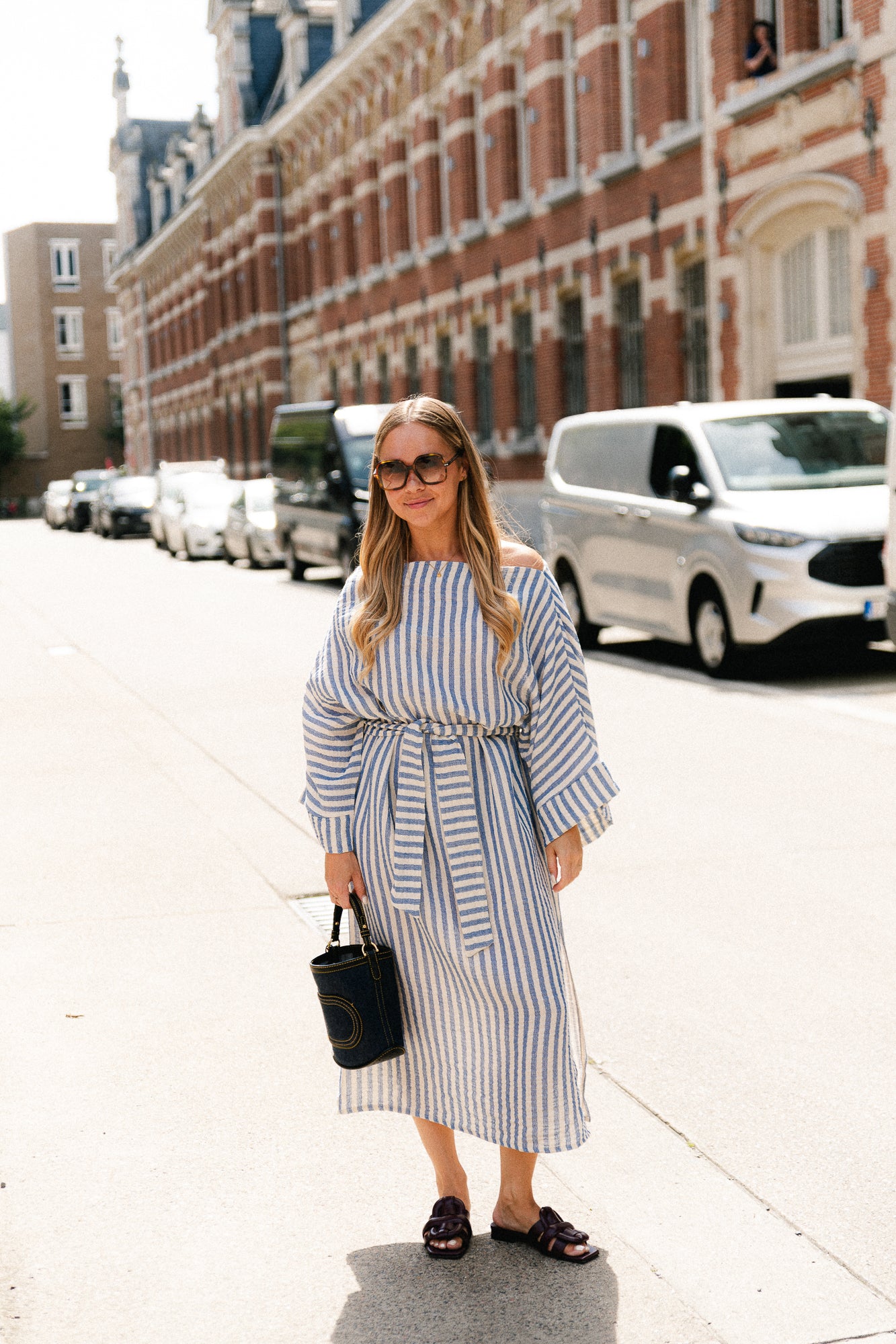 Maelys striped off-shoulder dress ecru/blue