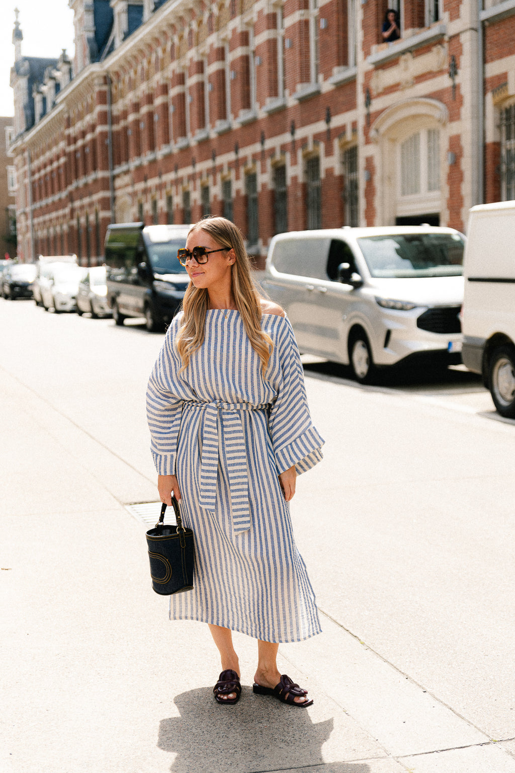 Maelys striped off-shoulder dress ecru/blue