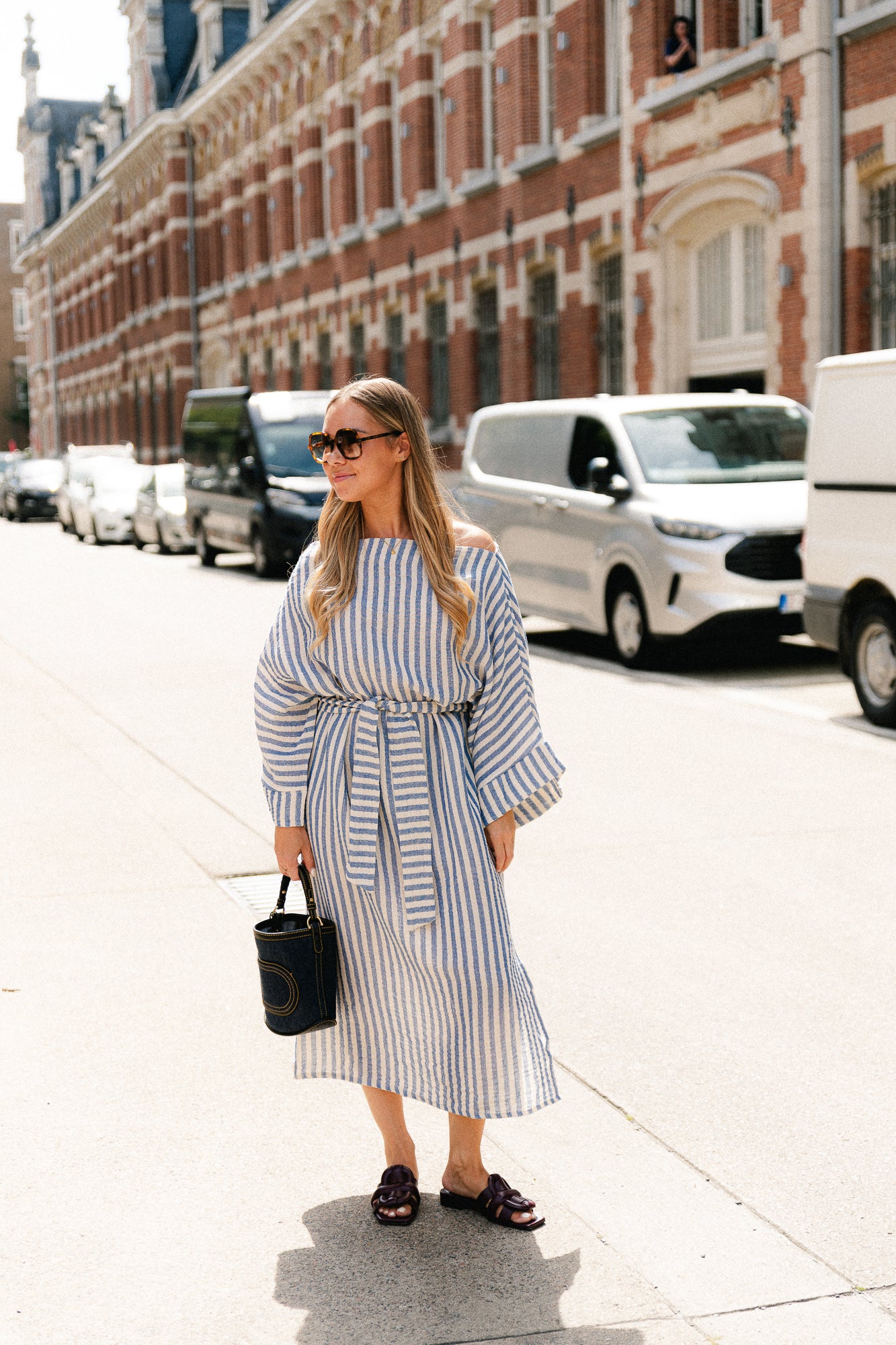 Maelys striped off-shoulder dress ecru/blue