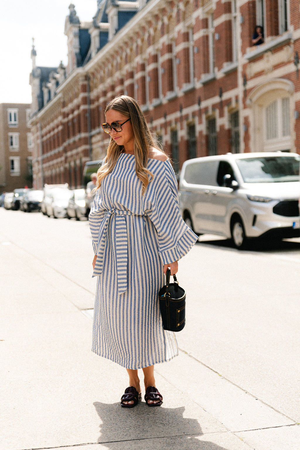 Maelys striped off-shoulder dress ecru/blue