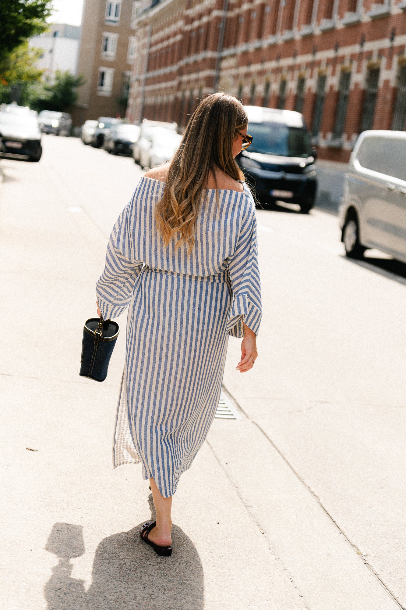 Maelys striped off-shoulder dress ecru/blue