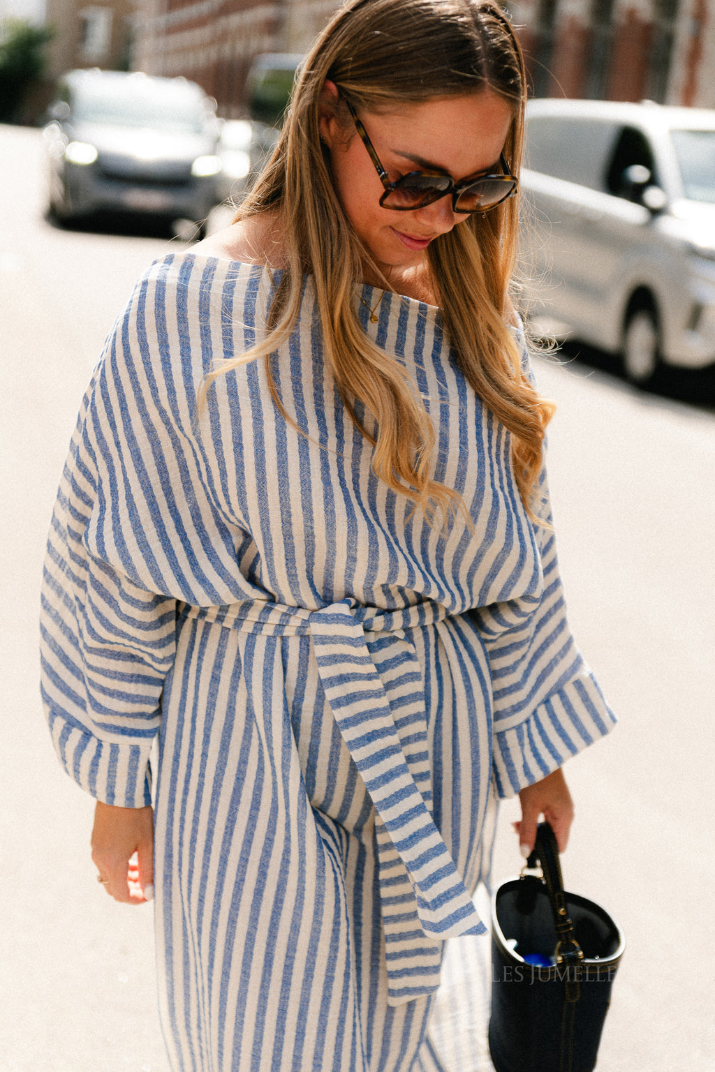 Maelys striped off-shoulder dress ecru/blue