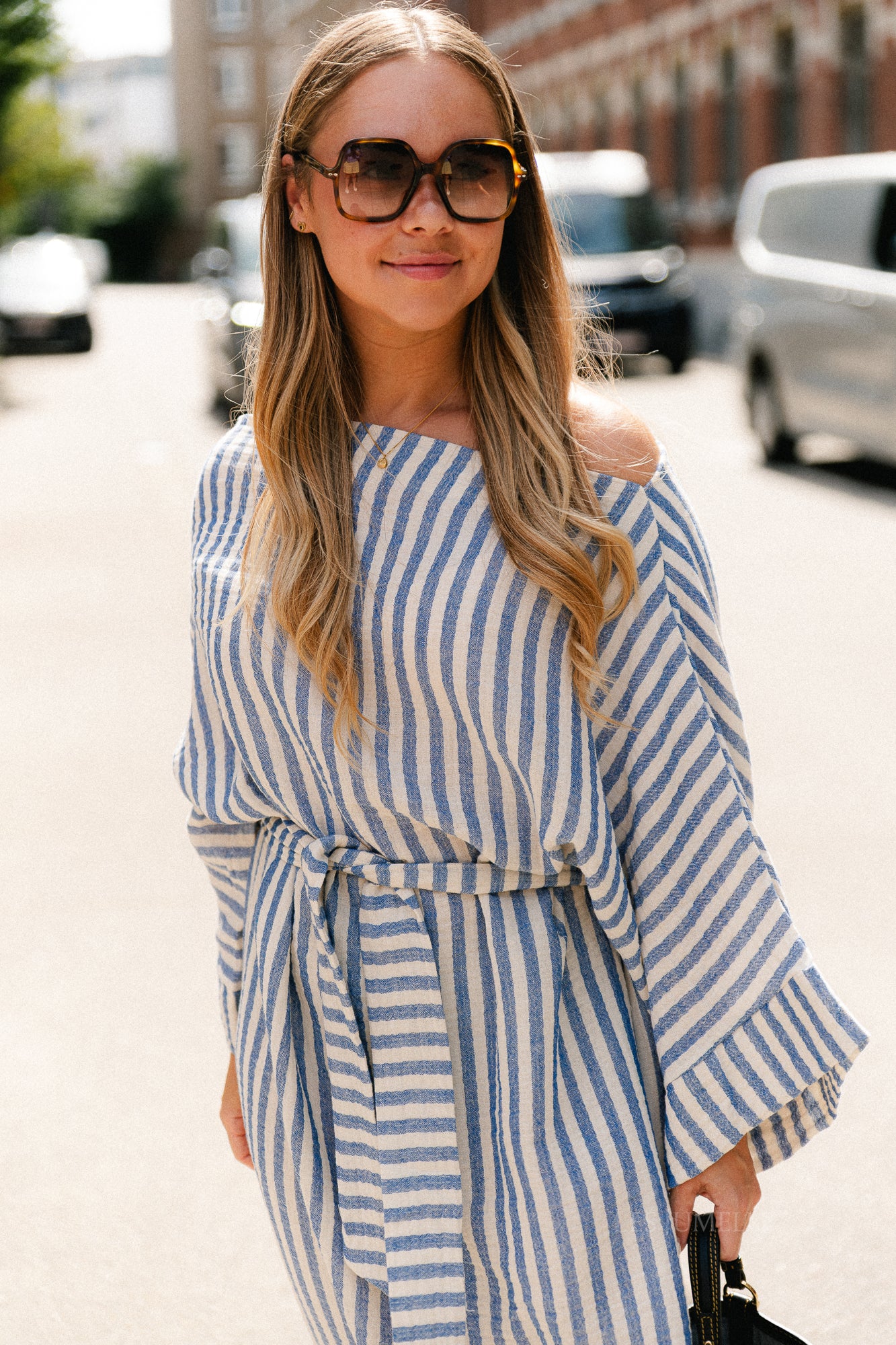 Maelys striped off-shoulder dress ecru/blue