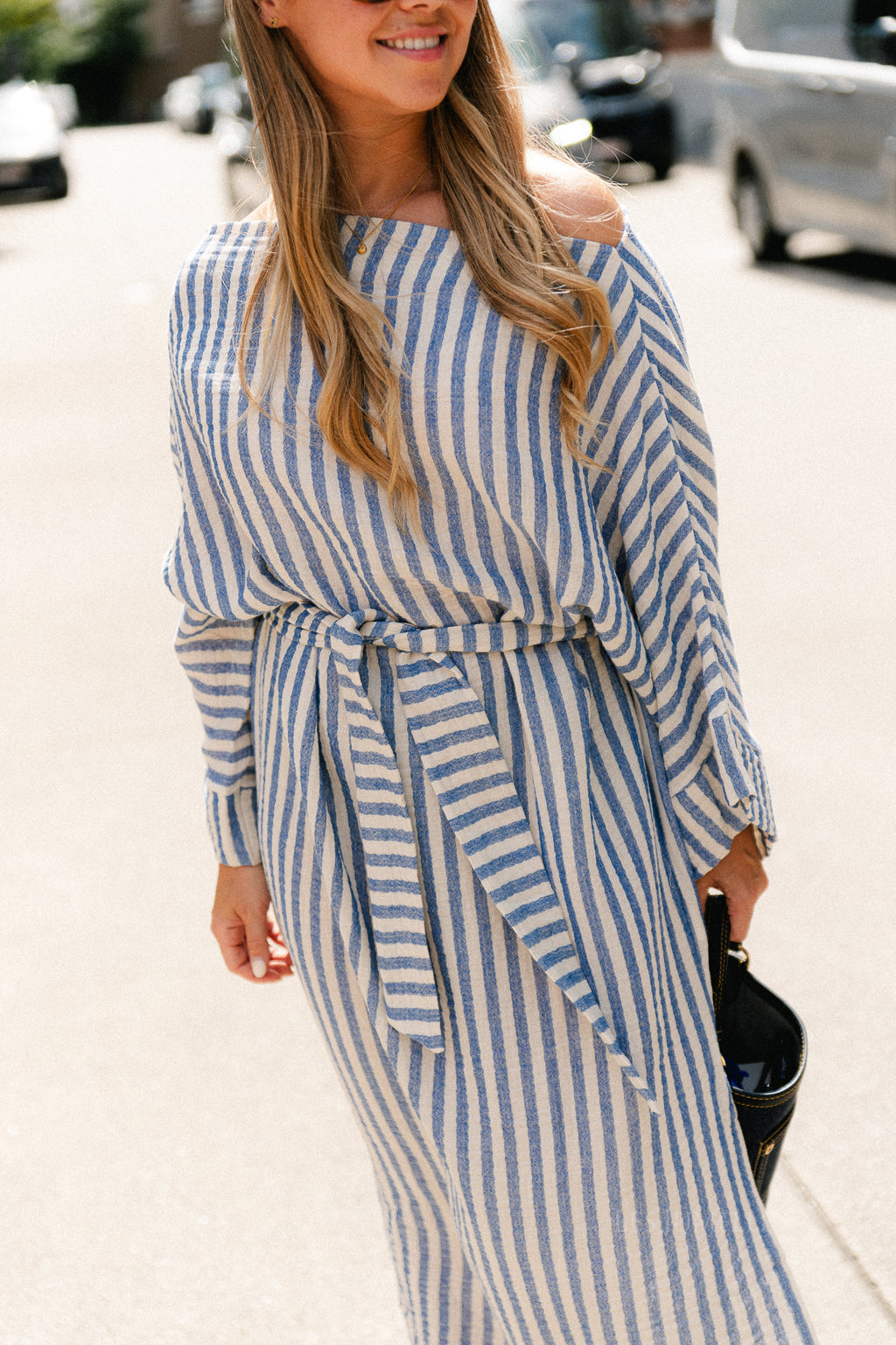 Maelys striped off-shoulder dress ecru/blue