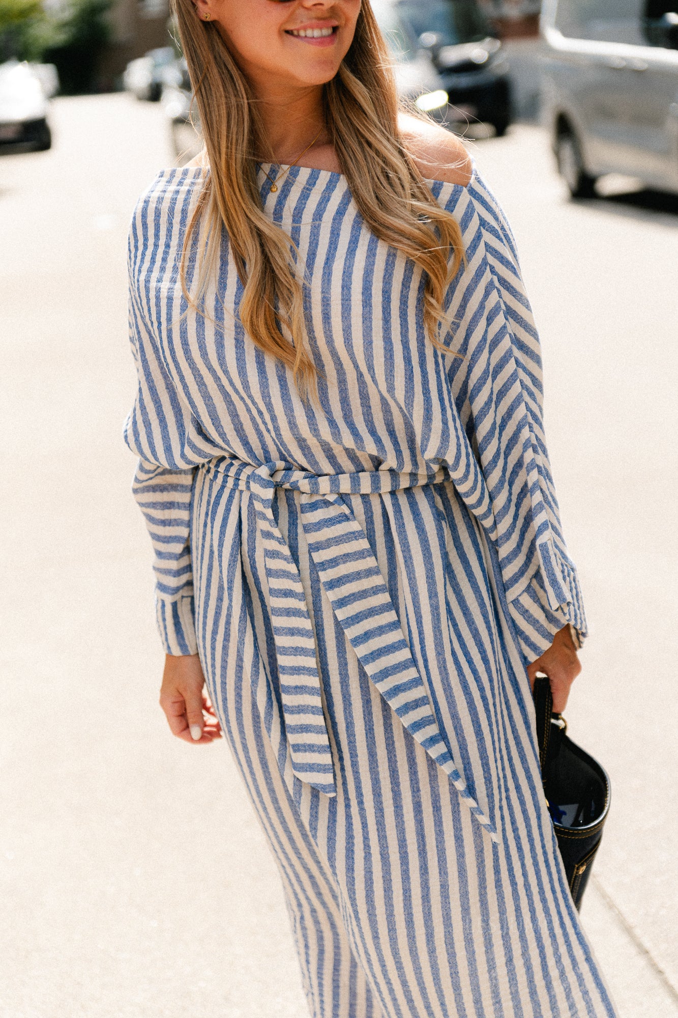 Maelys striped off-shoulder dress ecru/blue