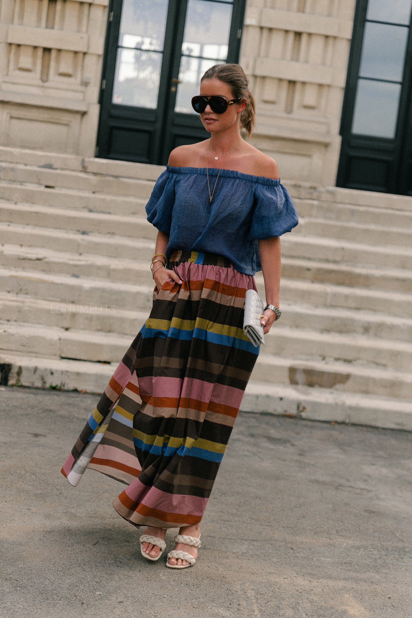 Emma sheer off shoulder top steel blue