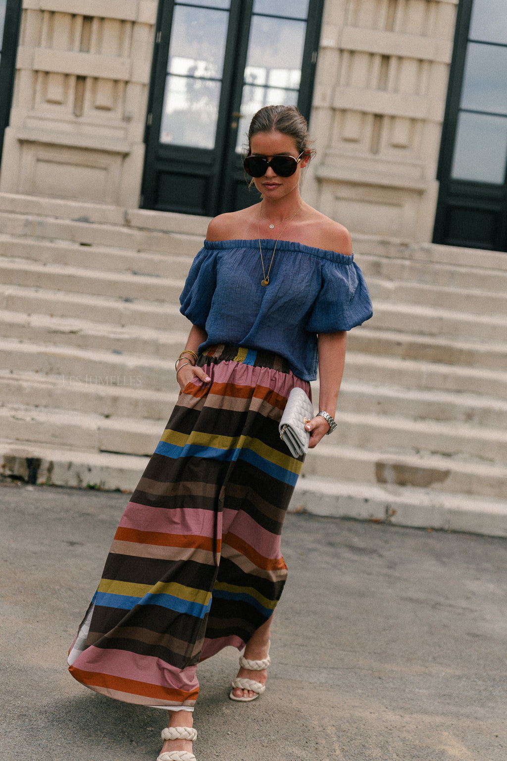 Emma sheer off shoulder top steel blue