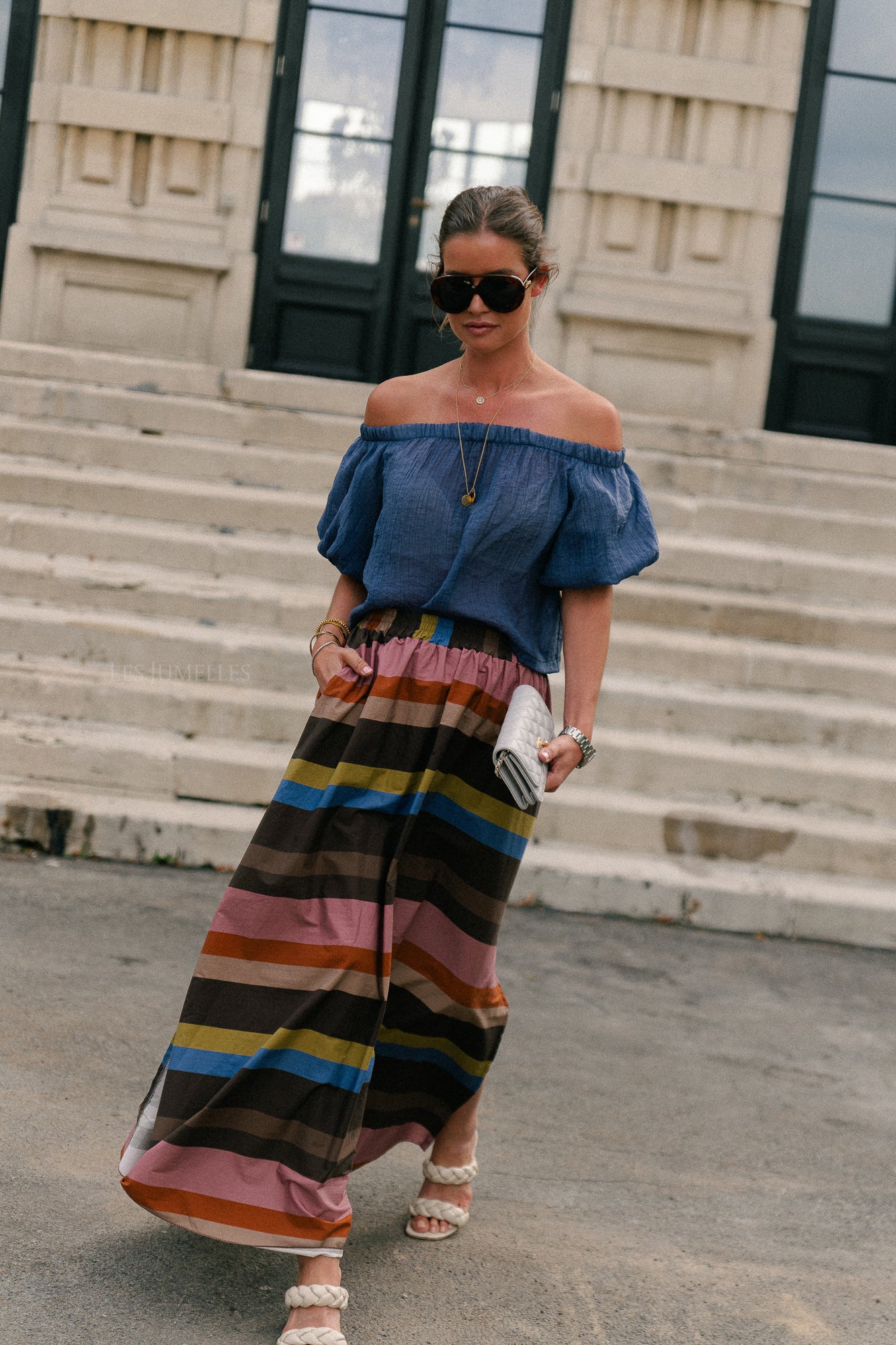 Emma sheer off shoulder top steel blue