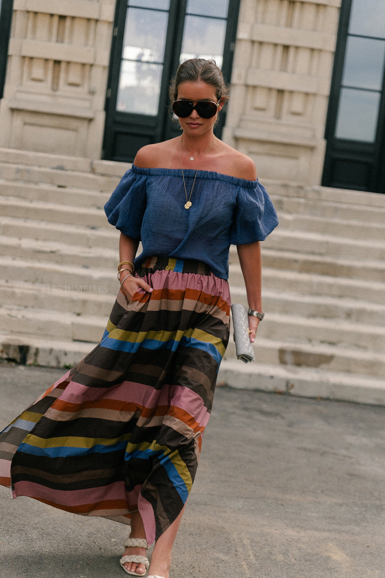 Emma sheer off shoulder top steel blue