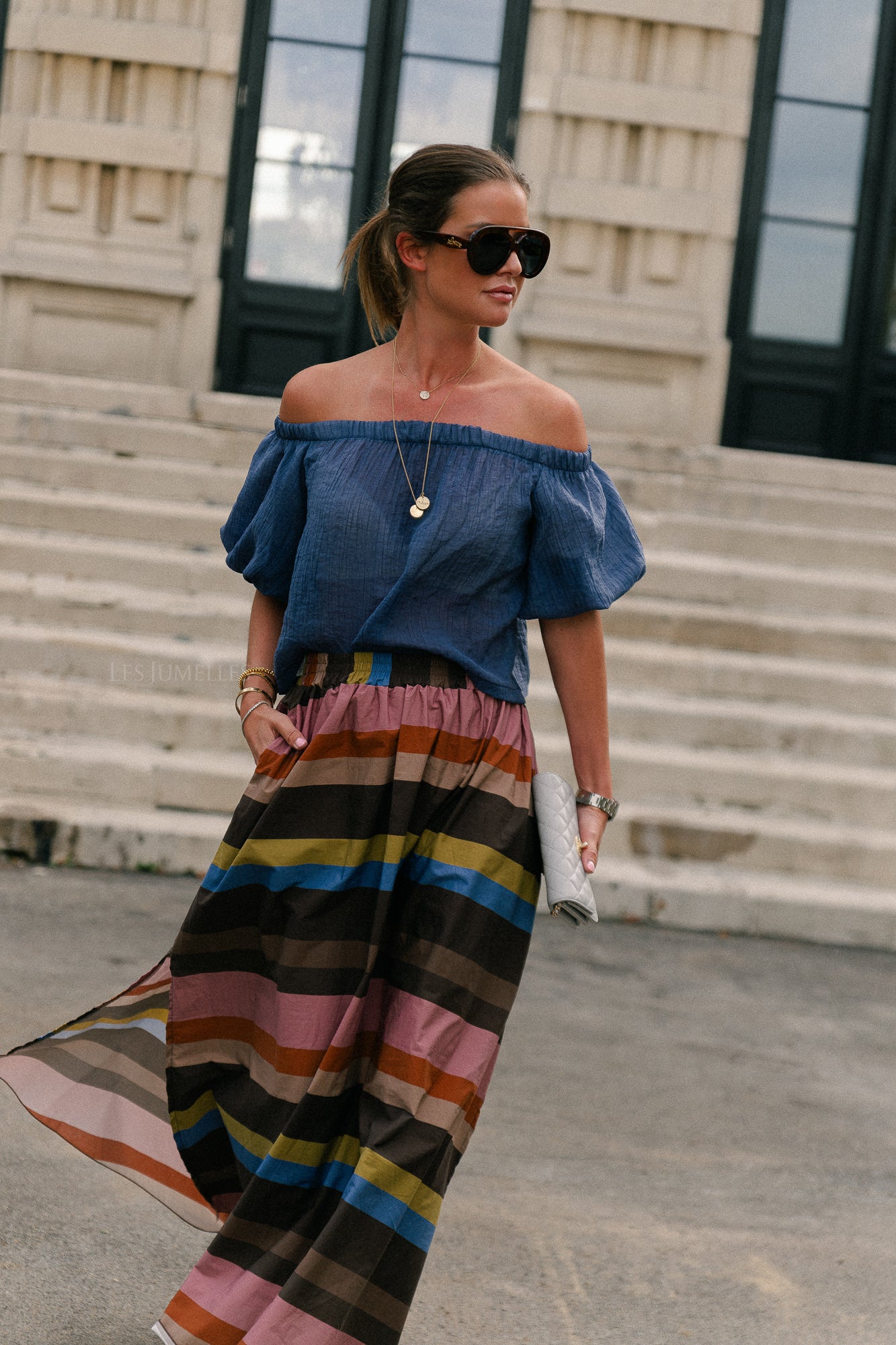 Emma sheer off shoulder top steel blue