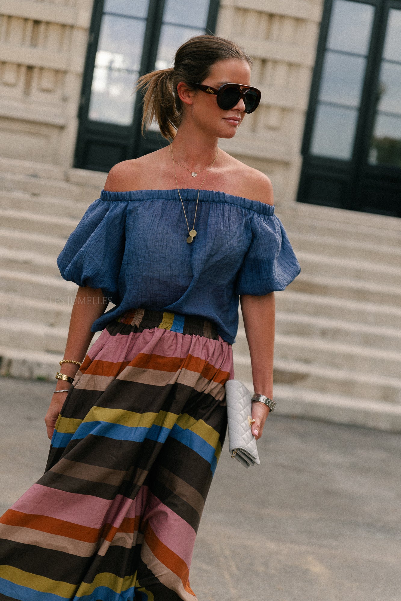 Emma sheer off shoulder top steel blue