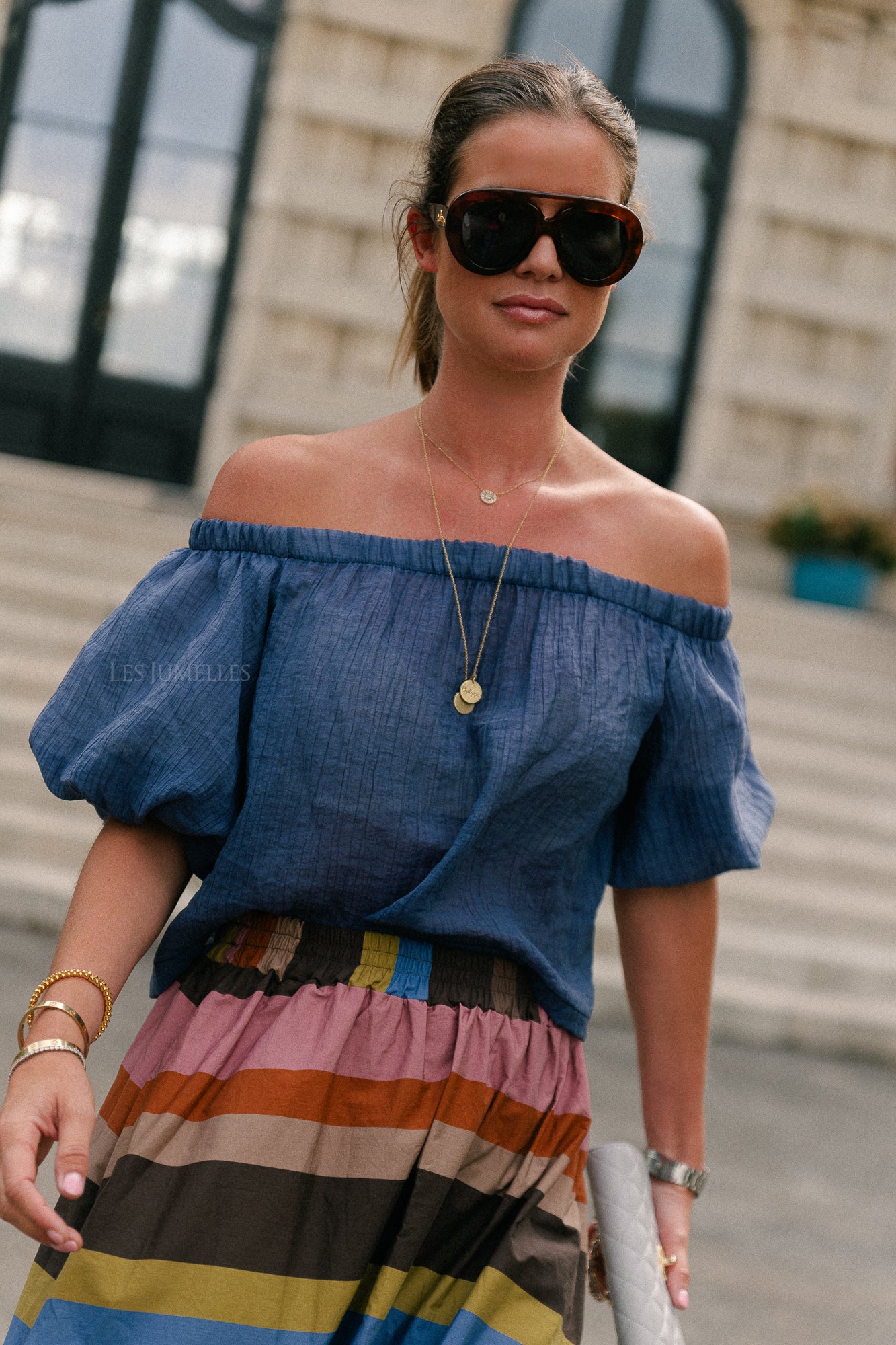 Emma sheer off shoulder top steel blue