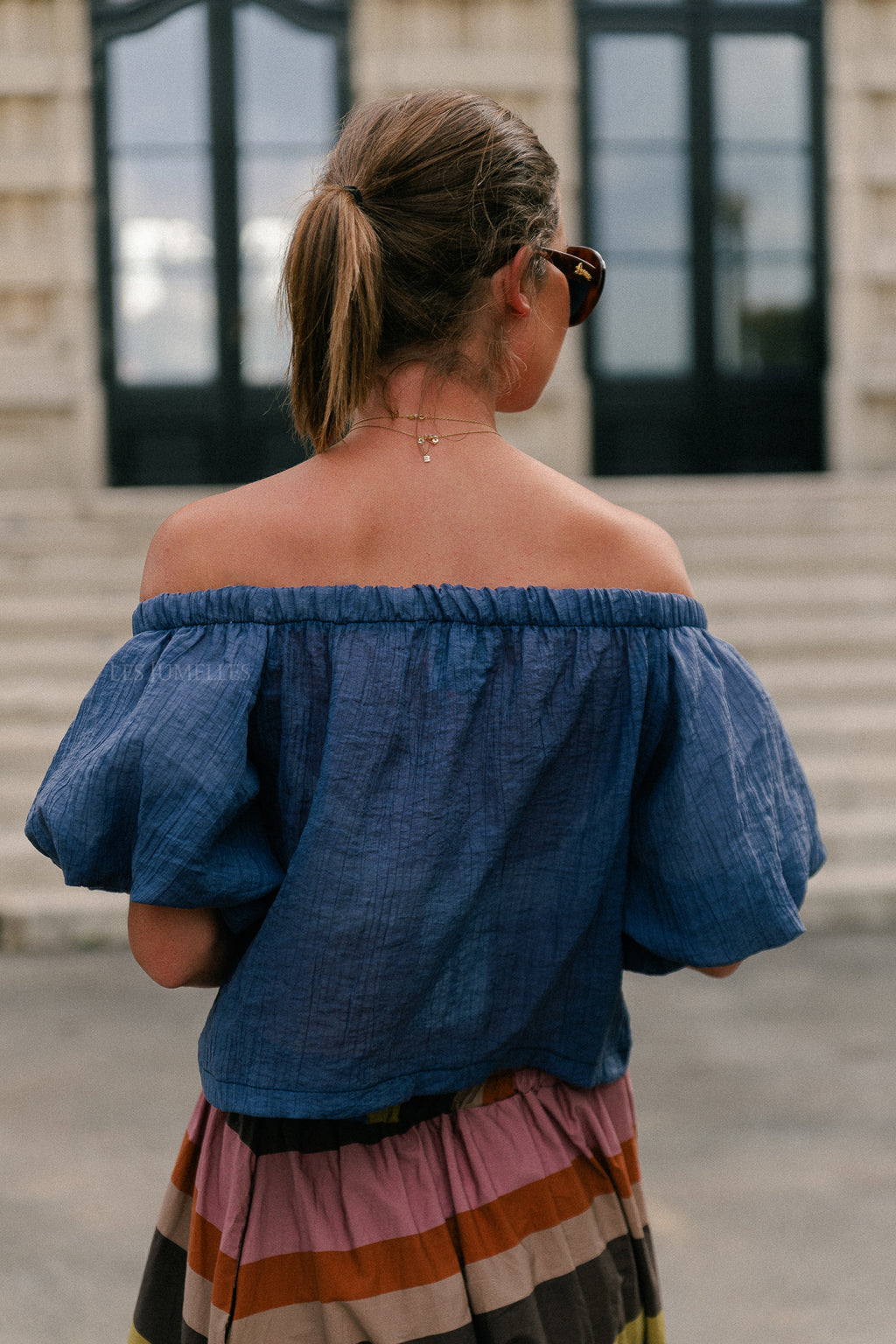 Emma sheer off shoulder top steel blue