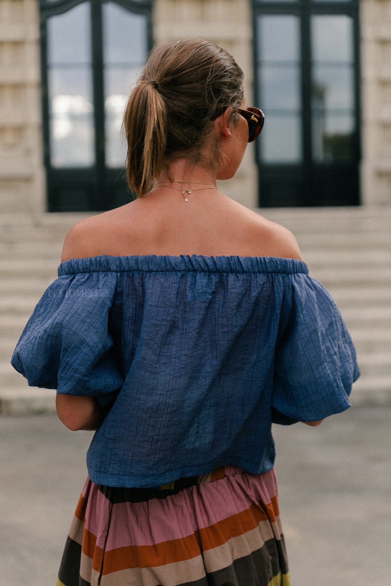 Emma sheer off shoulder top steel blue