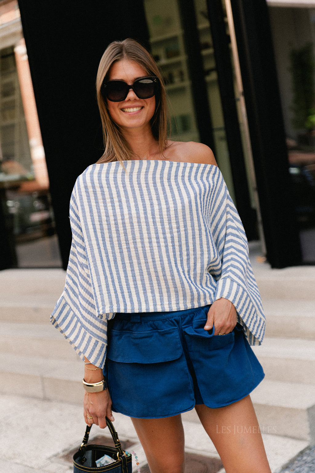 Maelys striped off-shoulder blouse ecru/blue