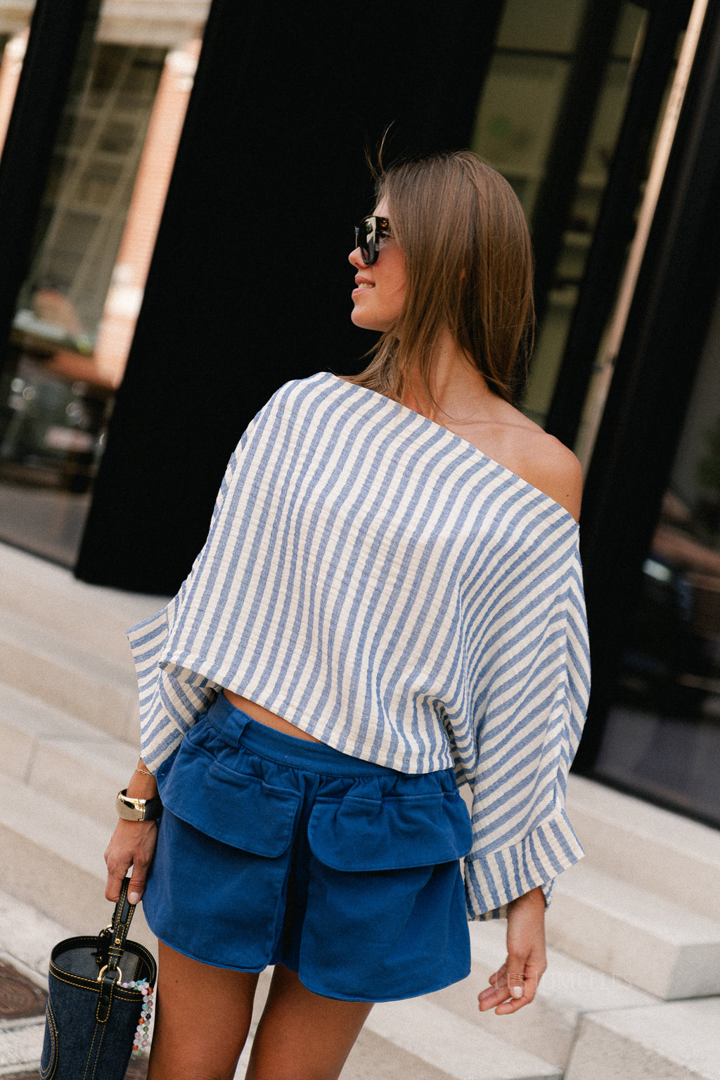 Maelys striped off-shoulder blouse ecru/blue