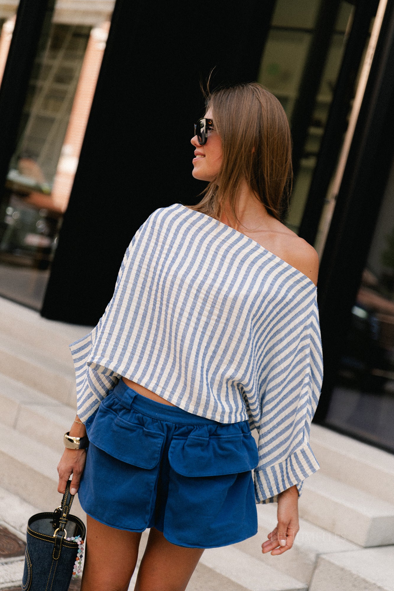 Maelys striped off-shoulder blouse ecru/blue