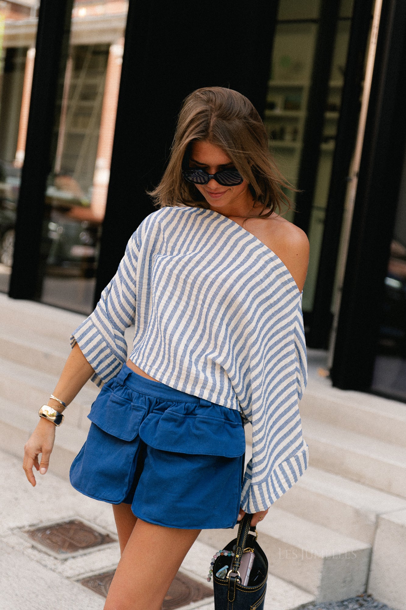 Maelys striped off-shoulder blouse ecru/blue