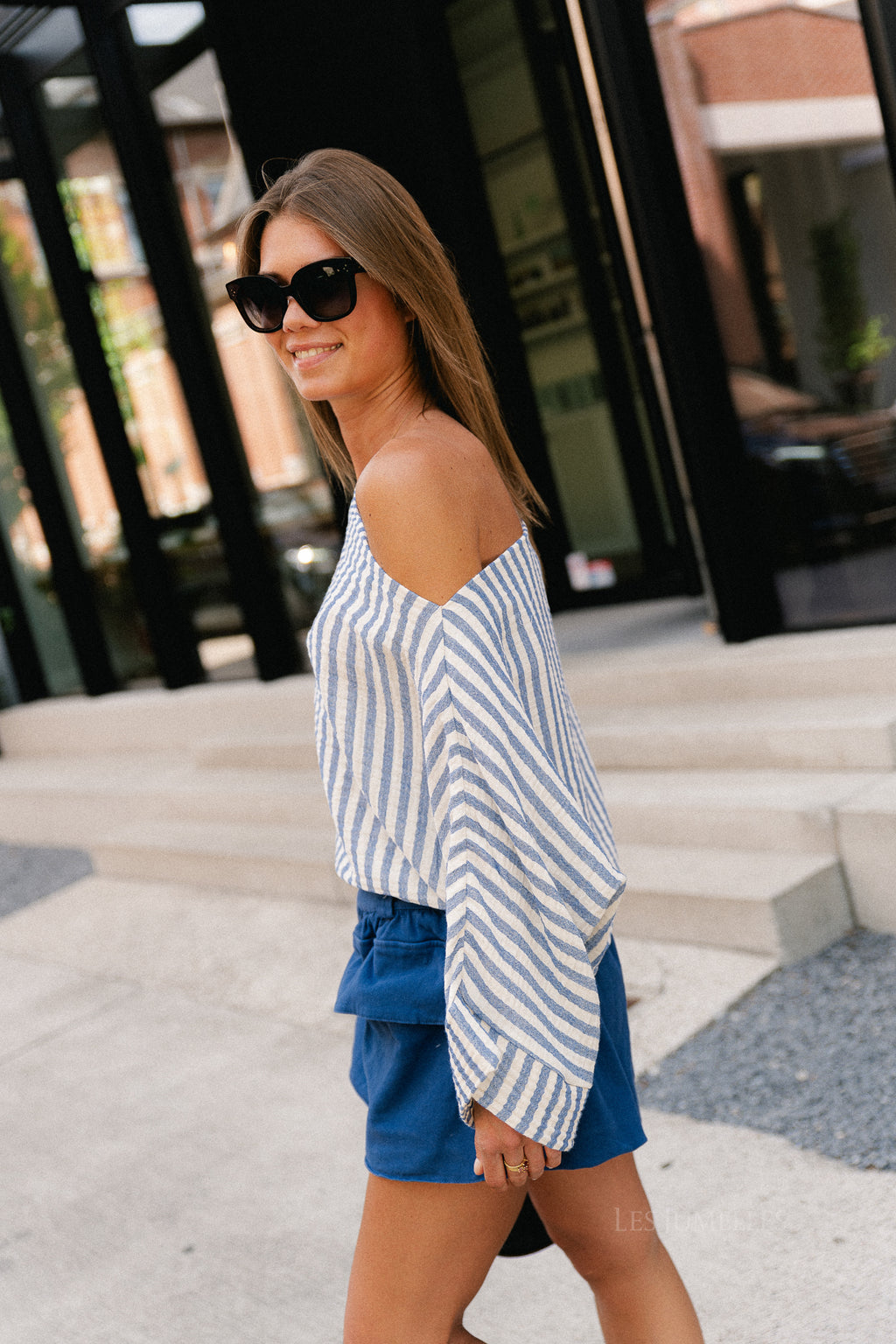 Maelys striped off-shoulder blouse ecru/blue