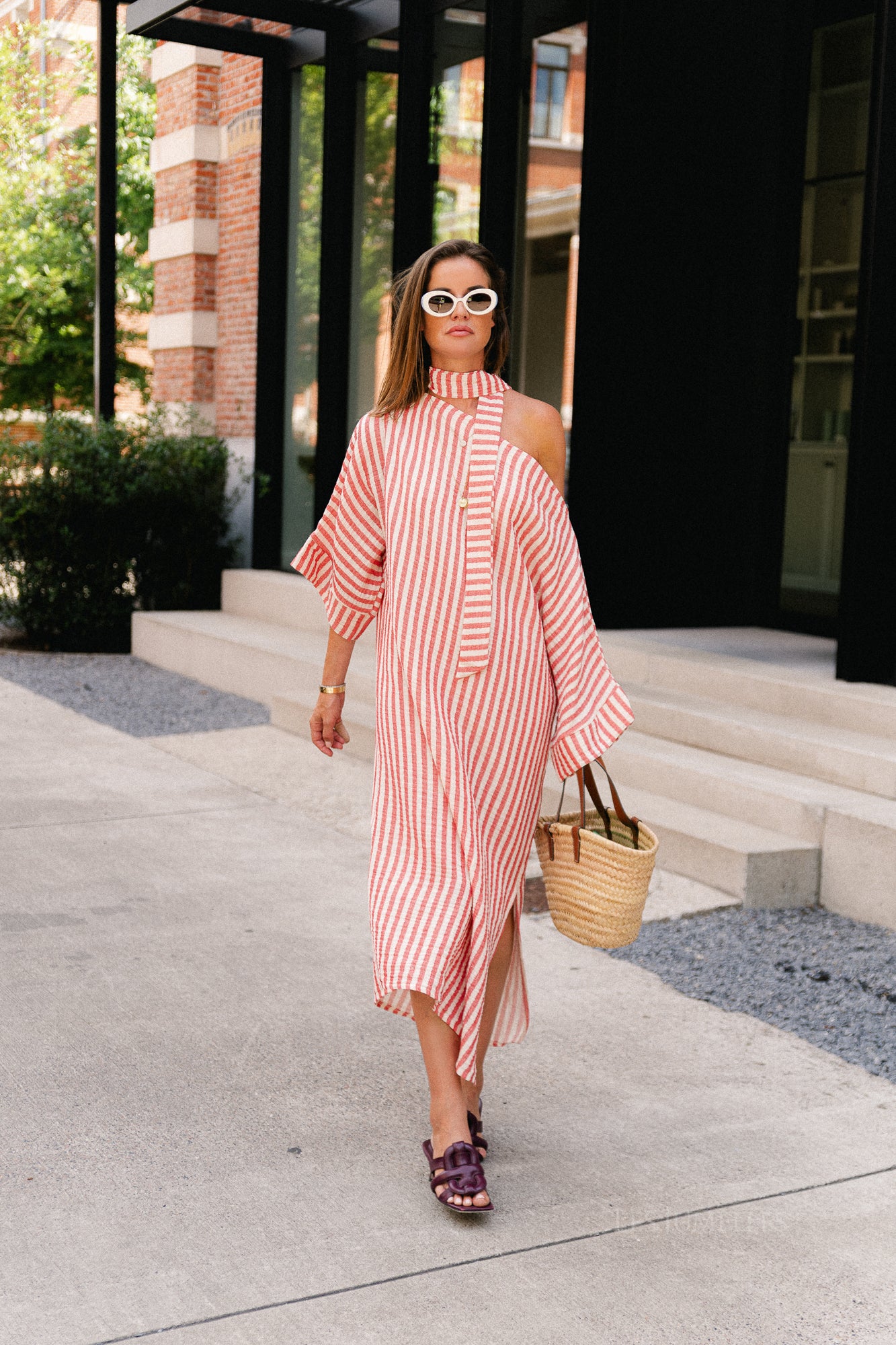 Maelys striped off-shoulder dress ecru/red