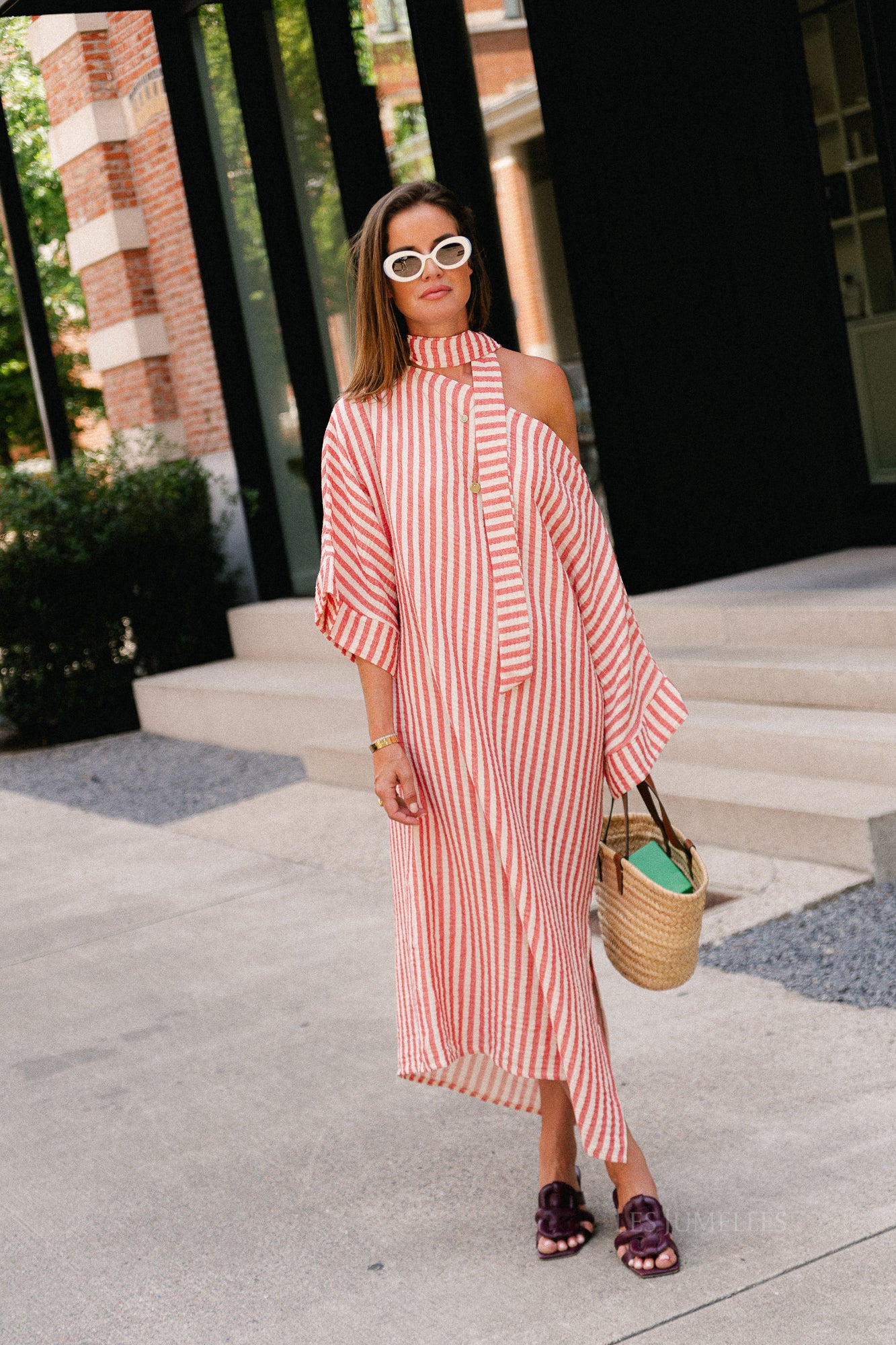 Maelys striped off-shoulder dress ecru/red