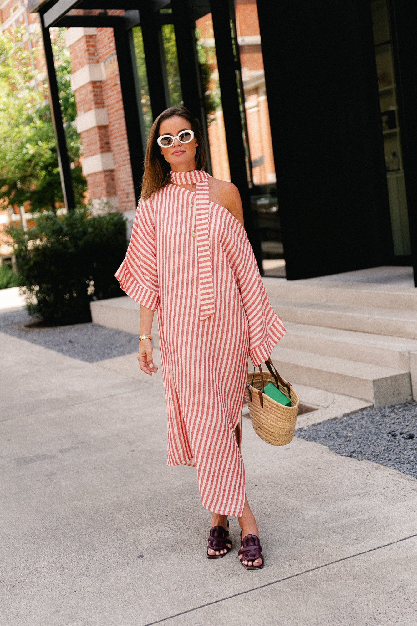 Maelys striped off-shoulder dress ecru/red