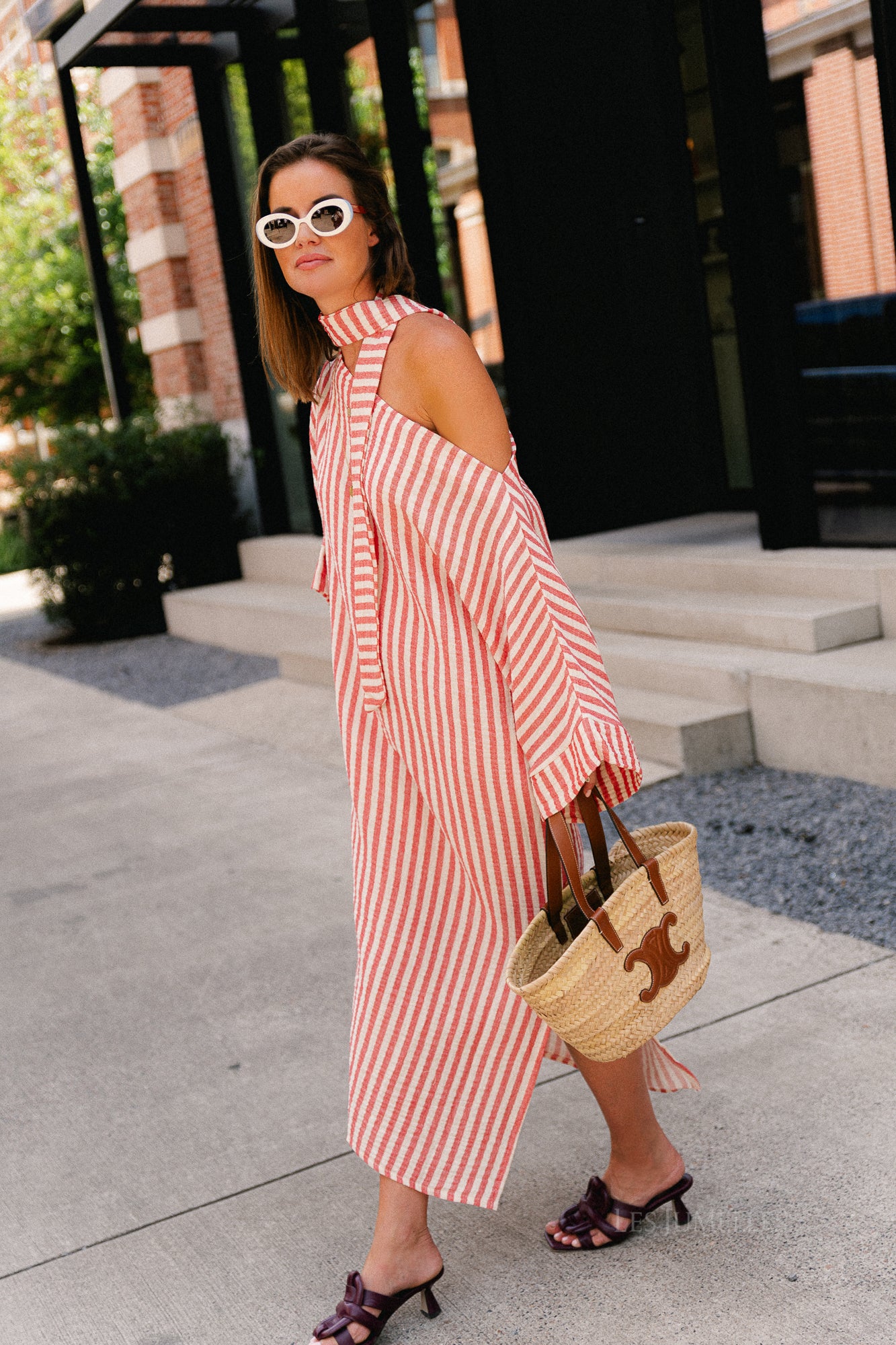Maelys striped off-shoulder dress ecru/red