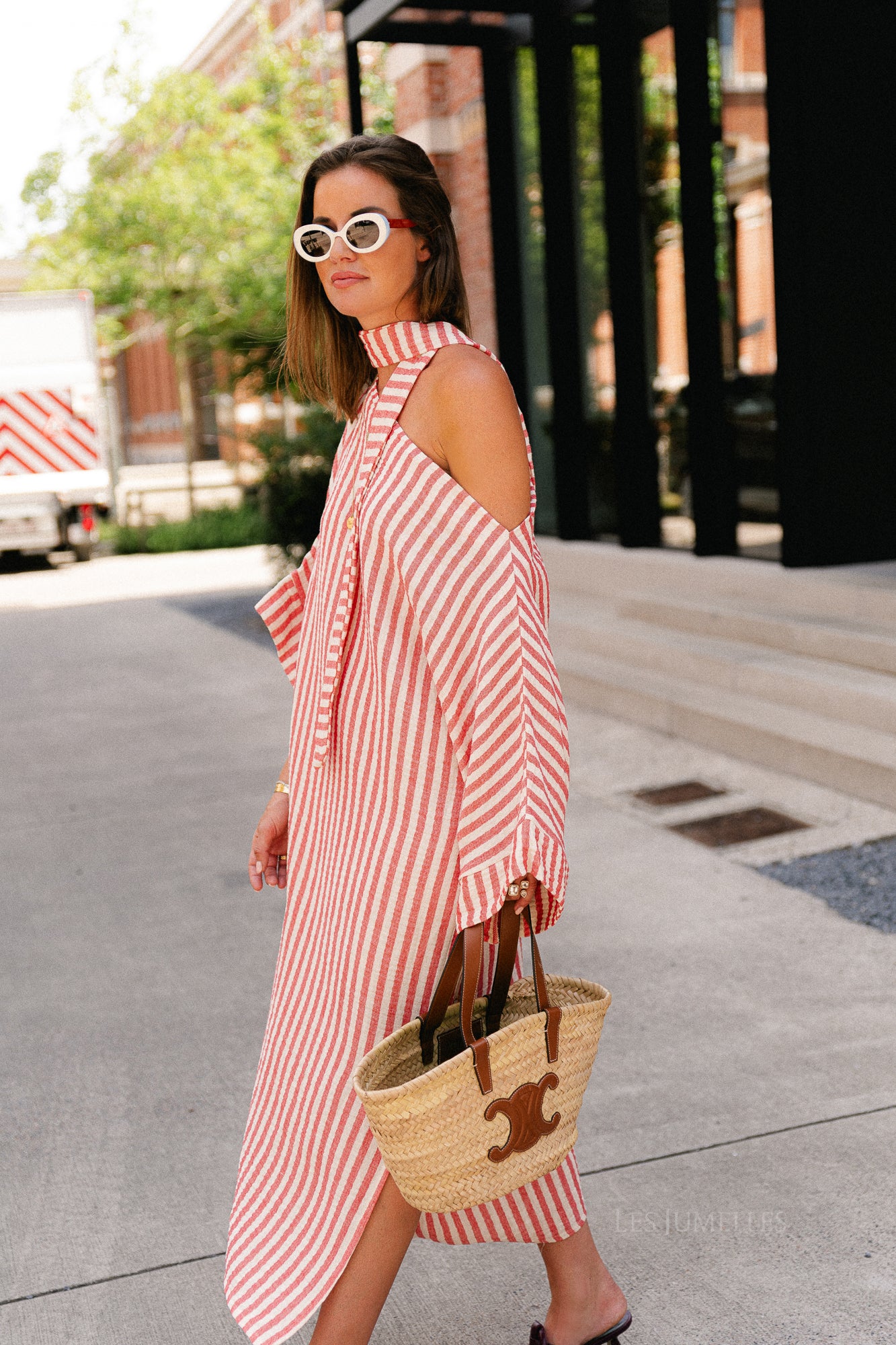 Maelys striped off-shoulder dress ecru/red