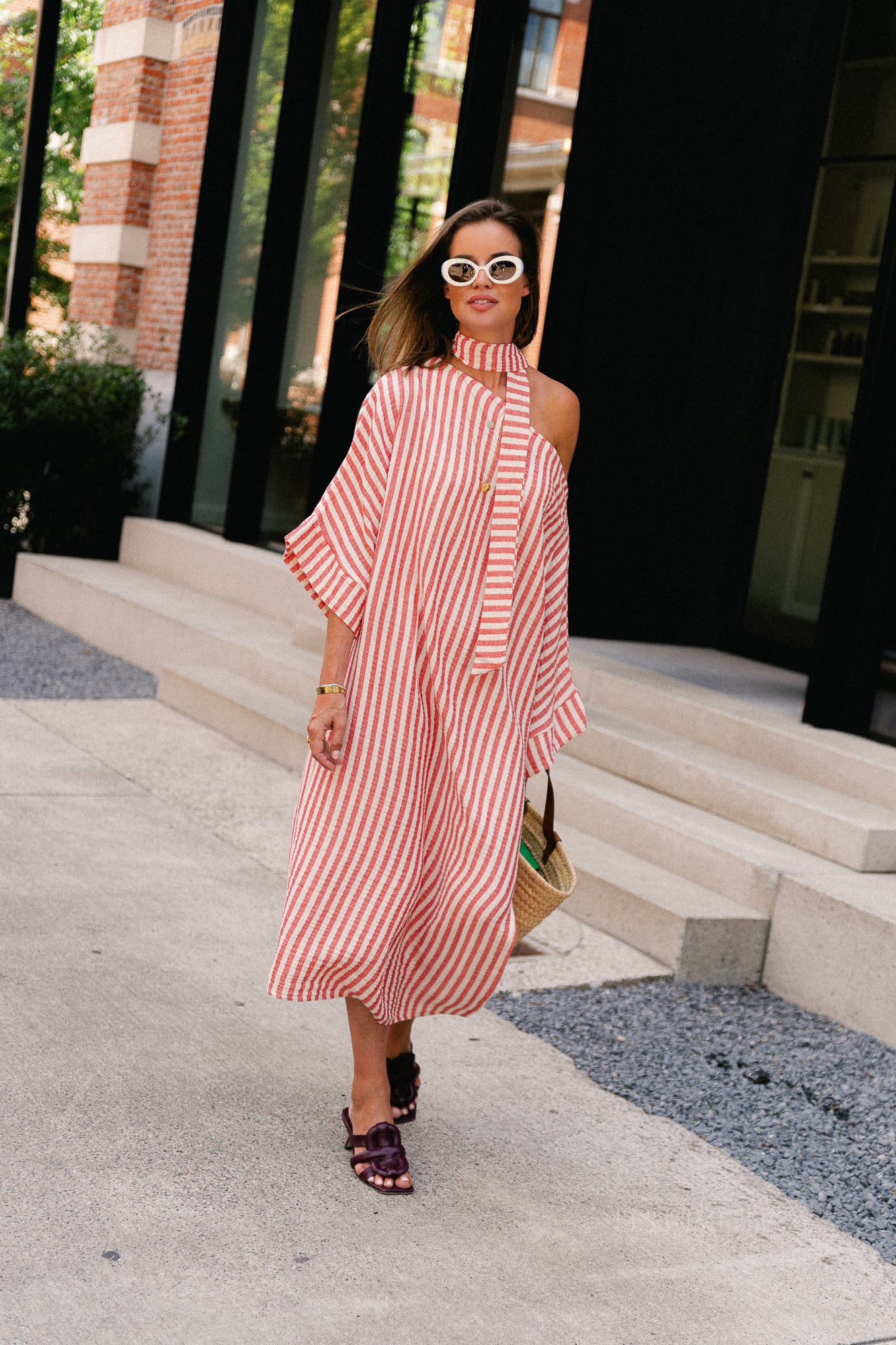 Maelys striped off-shoulder dress ecru/red