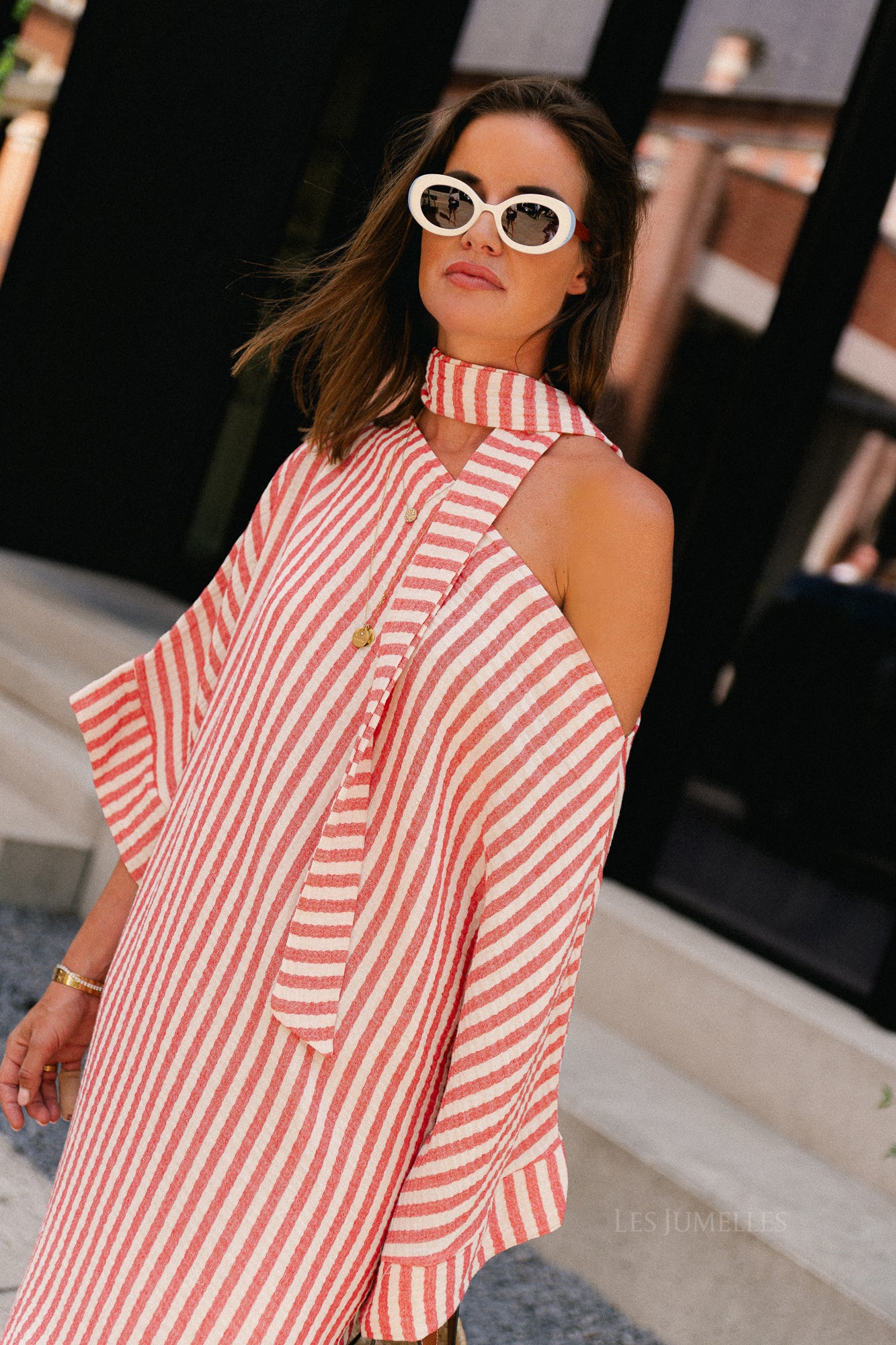 Maelys striped off-shoulder dress ecru/red