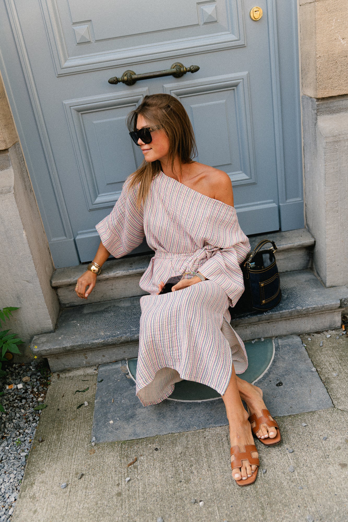 Maelys fine striped off-shoulder dress multicolor
