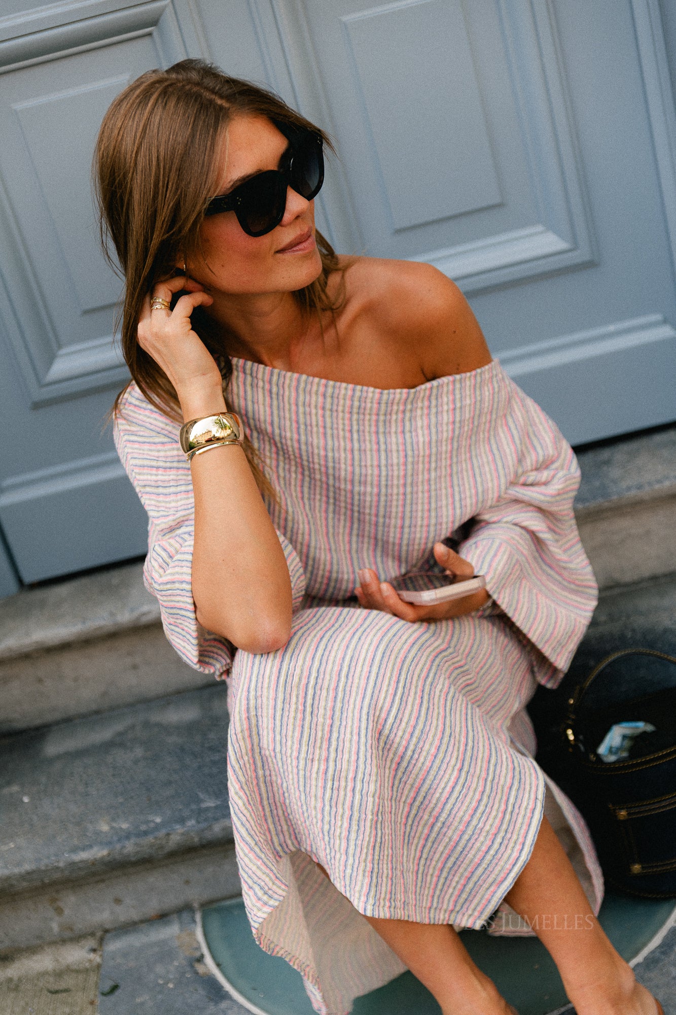 Maelys fine striped off-shoulder dress multicolor