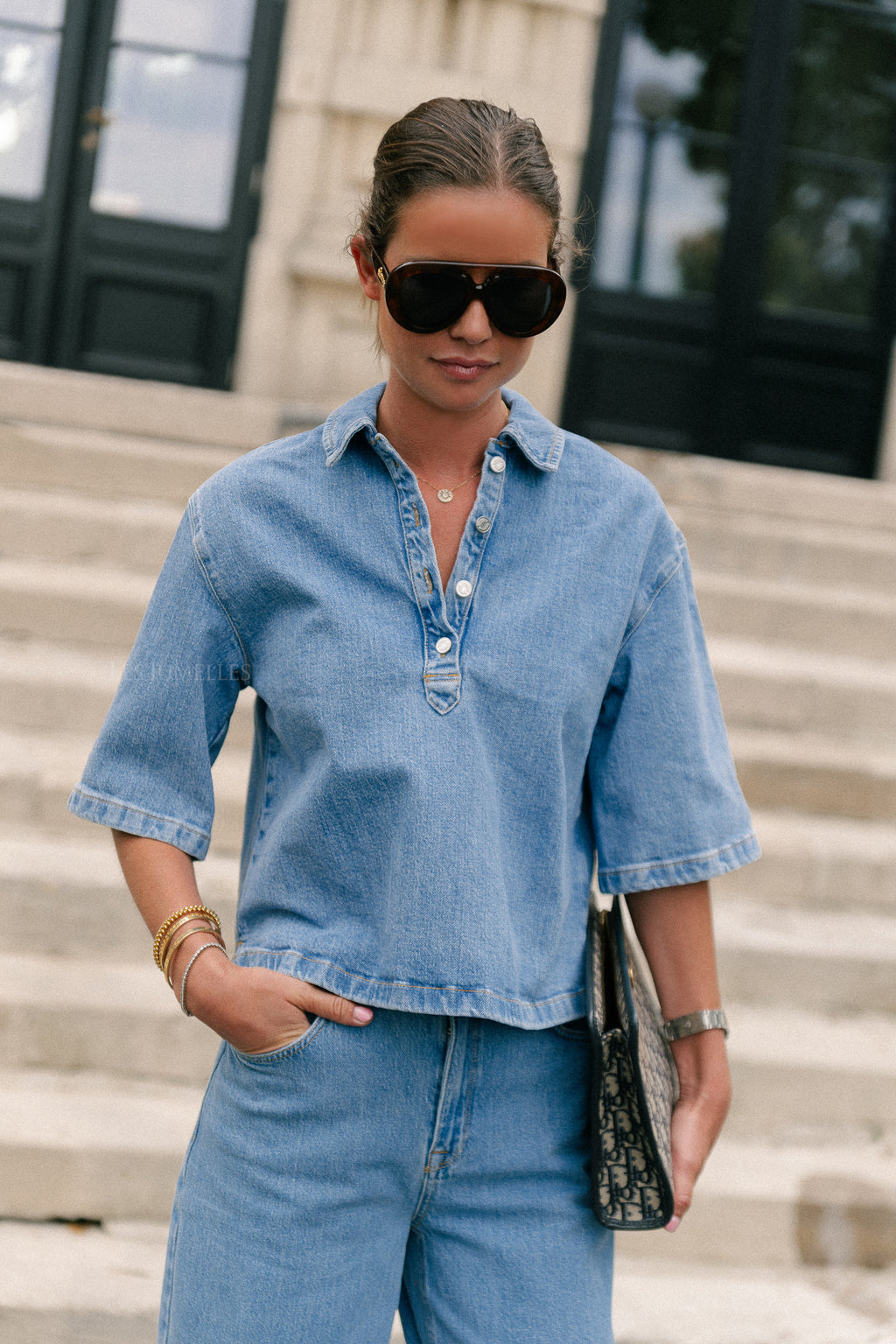 SLFLiva-Kori 2/4 boxi polo shirt light blue denim
