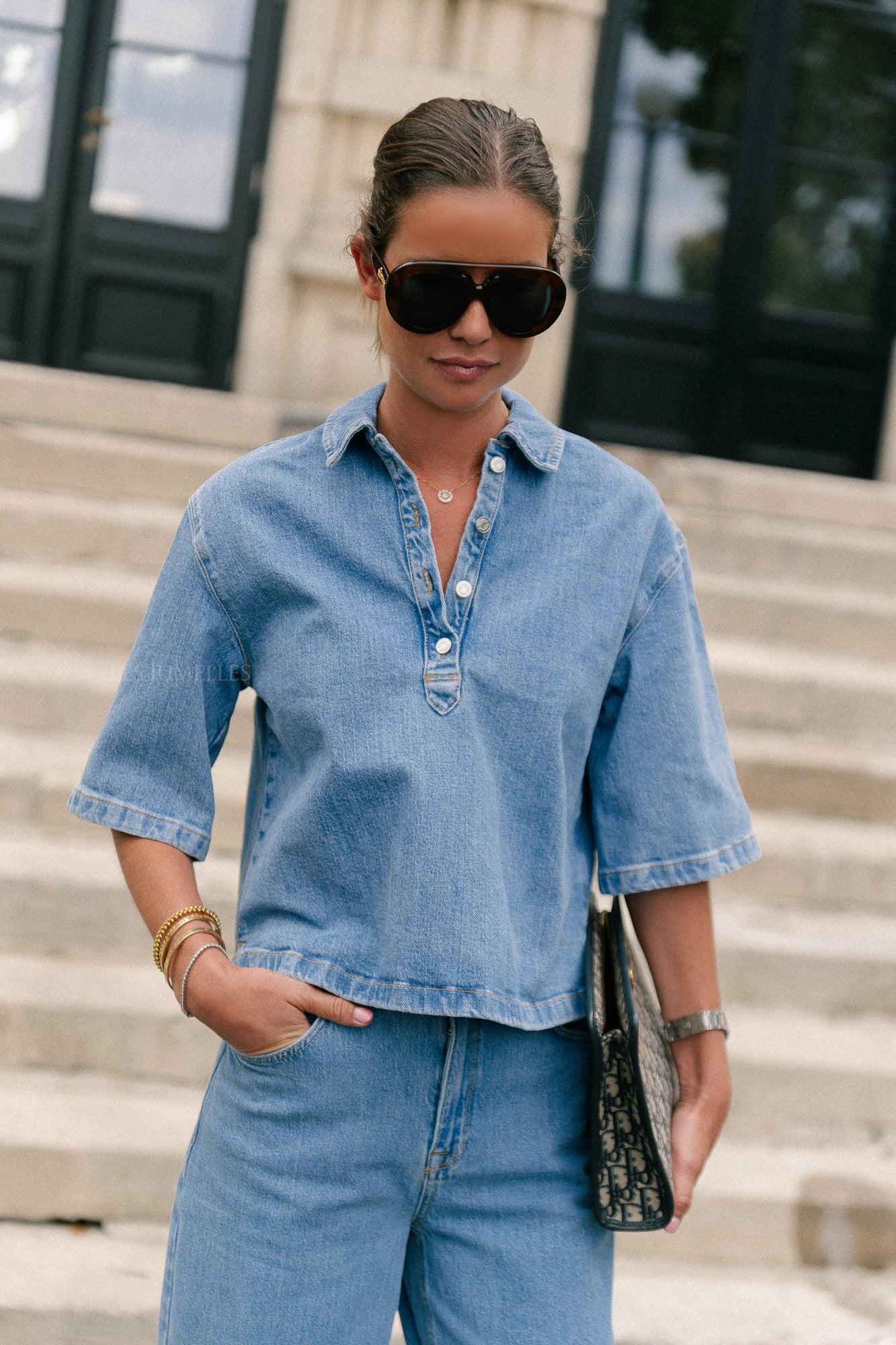 SLFLiva-Kori 2/4 boxi polo shirt light blue denim