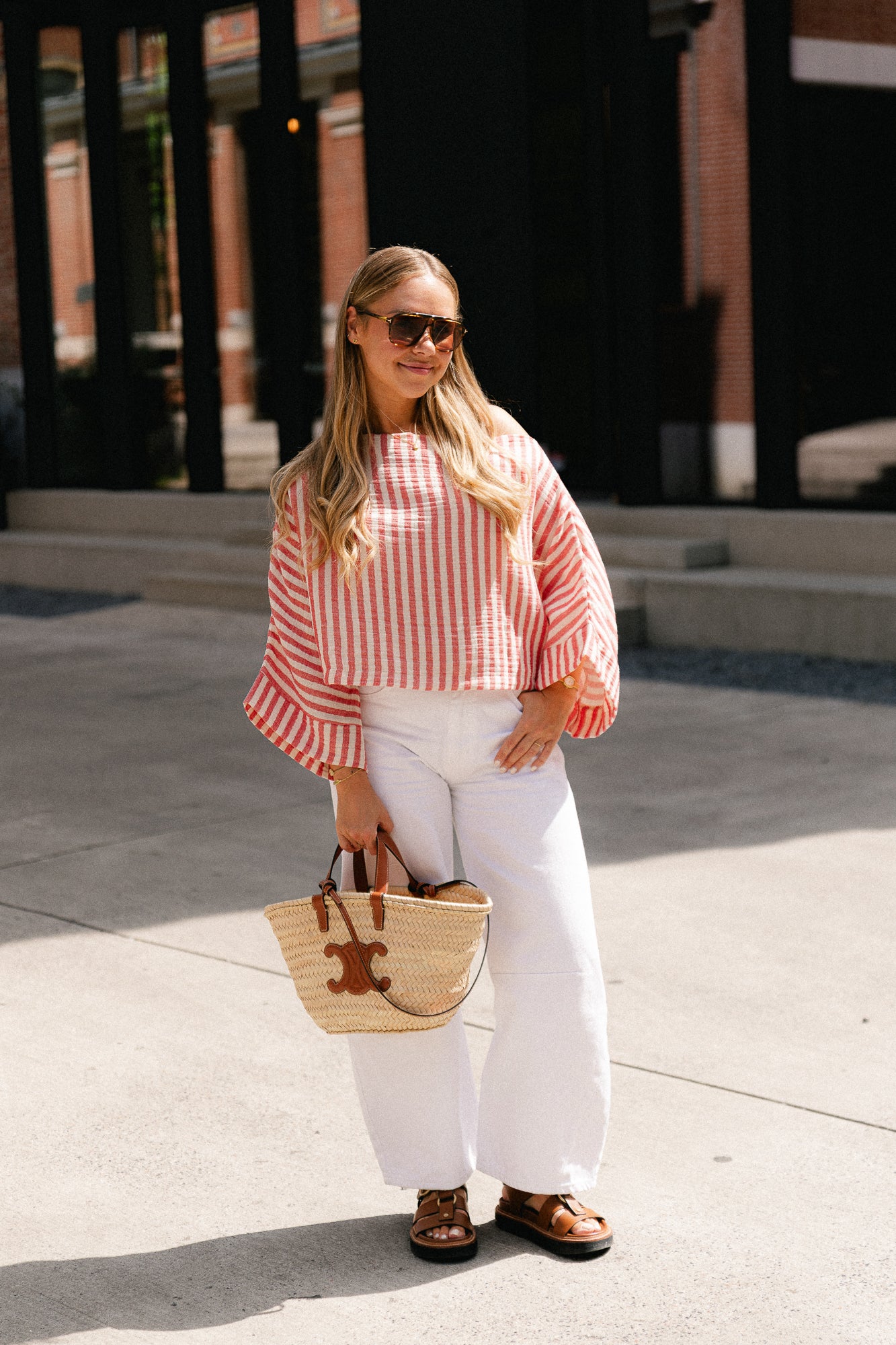 Maelys striped off-shoulder blouse ecru/red