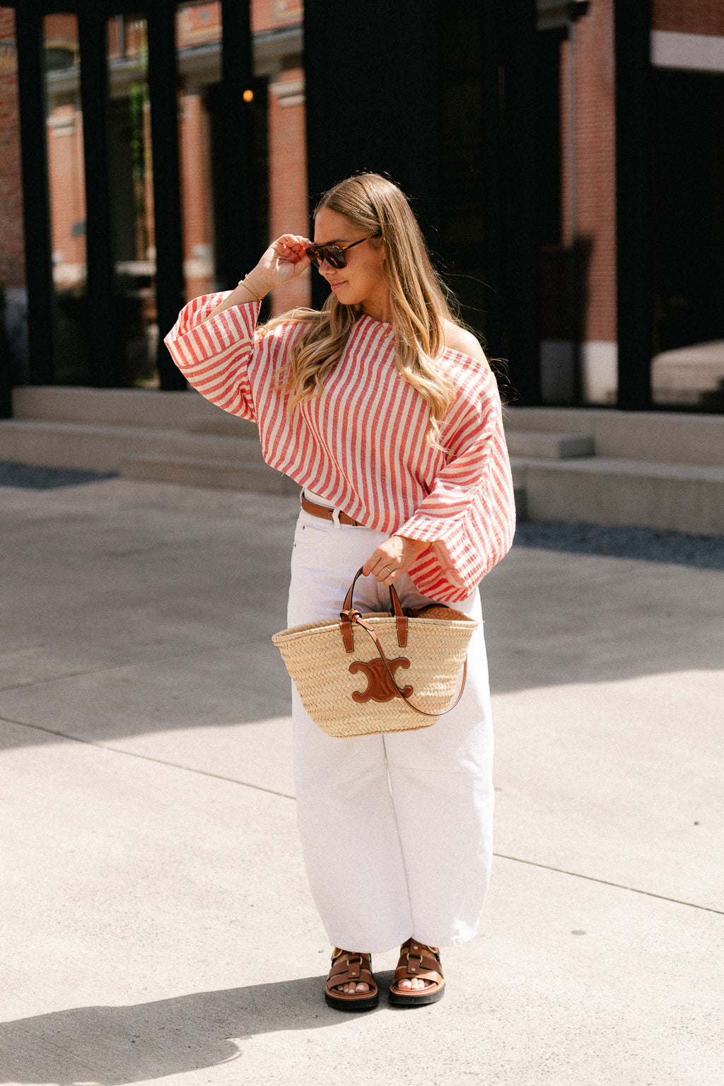 Maelys striped off-shoulder blouse ecru/red