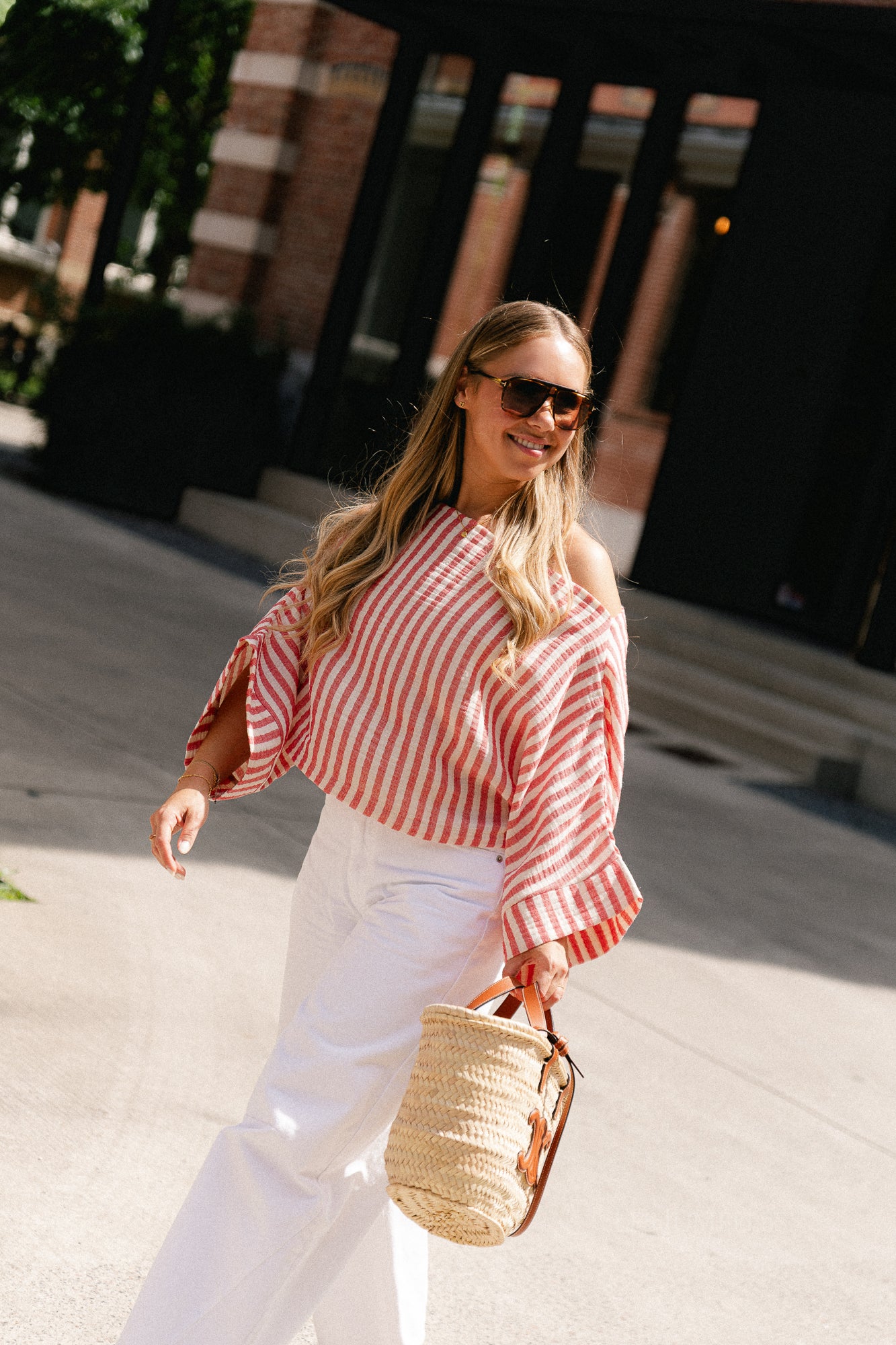 Maelys striped off-shoulder blouse ecru/red