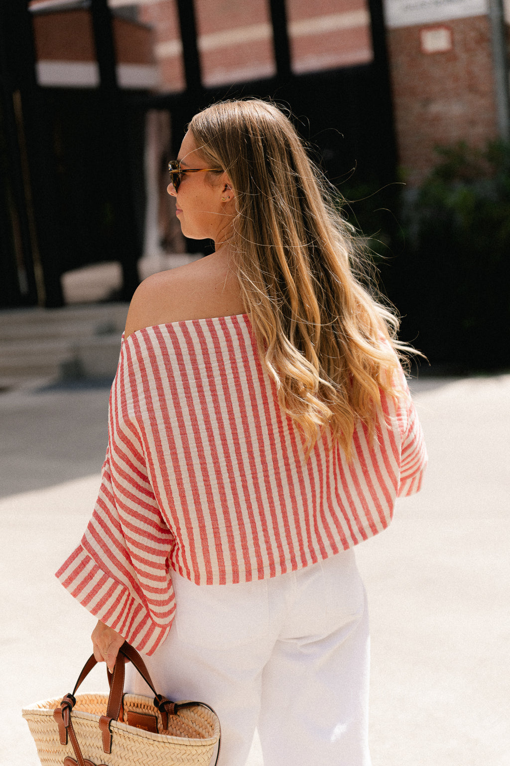 Maelys striped off-shoulder blouse ecru/red