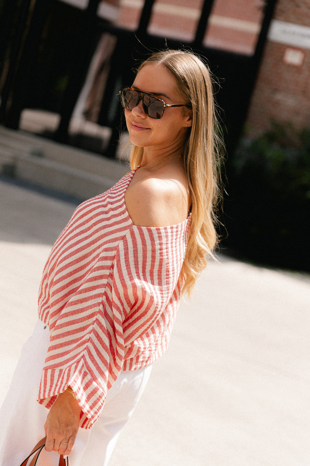 Maelys striped off-shoulder blouse ecru/red