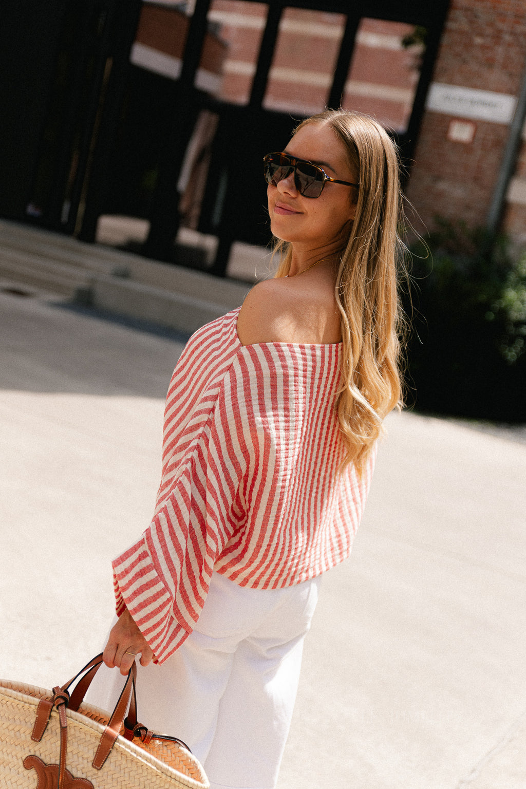 Maelys striped off-shoulder blouse ecru/red