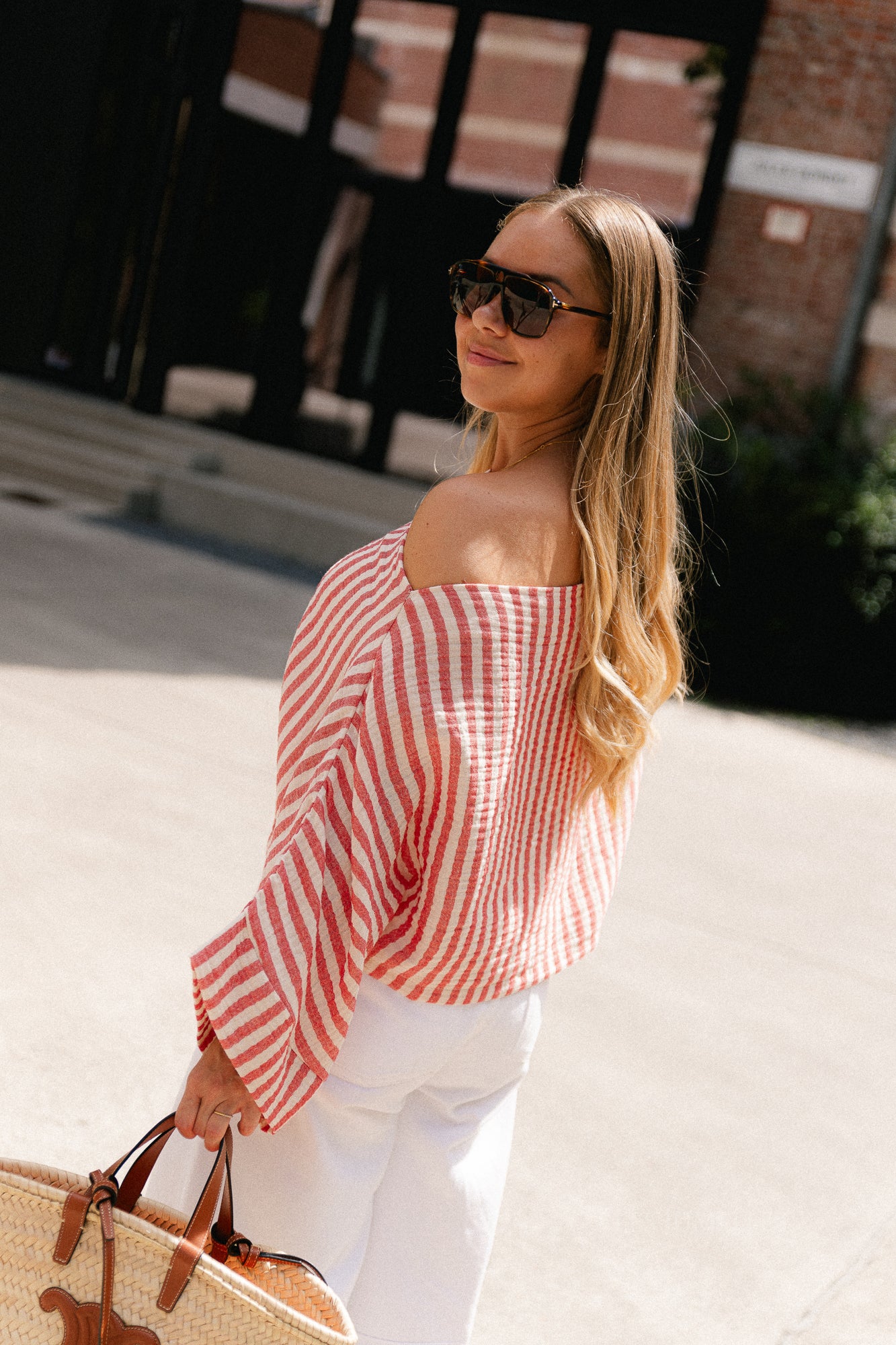 Maelys striped off-shoulder blouse ecru/red