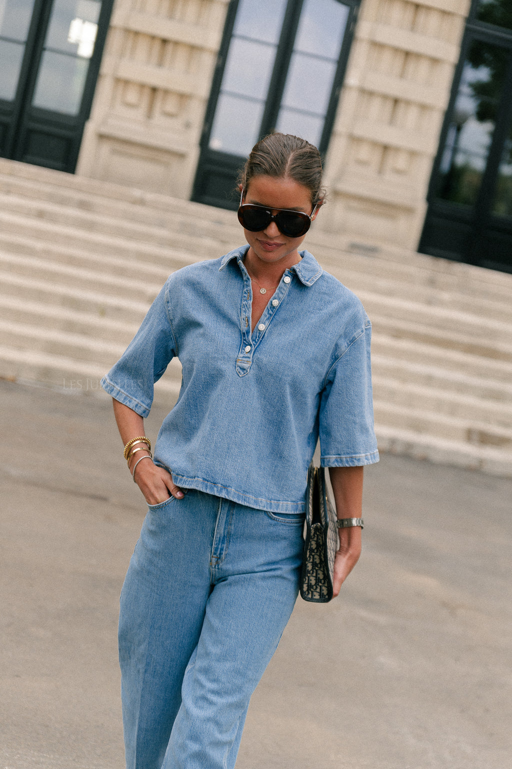 SLFLiva-Kori 2/4 boxi polo shirt light blue denim