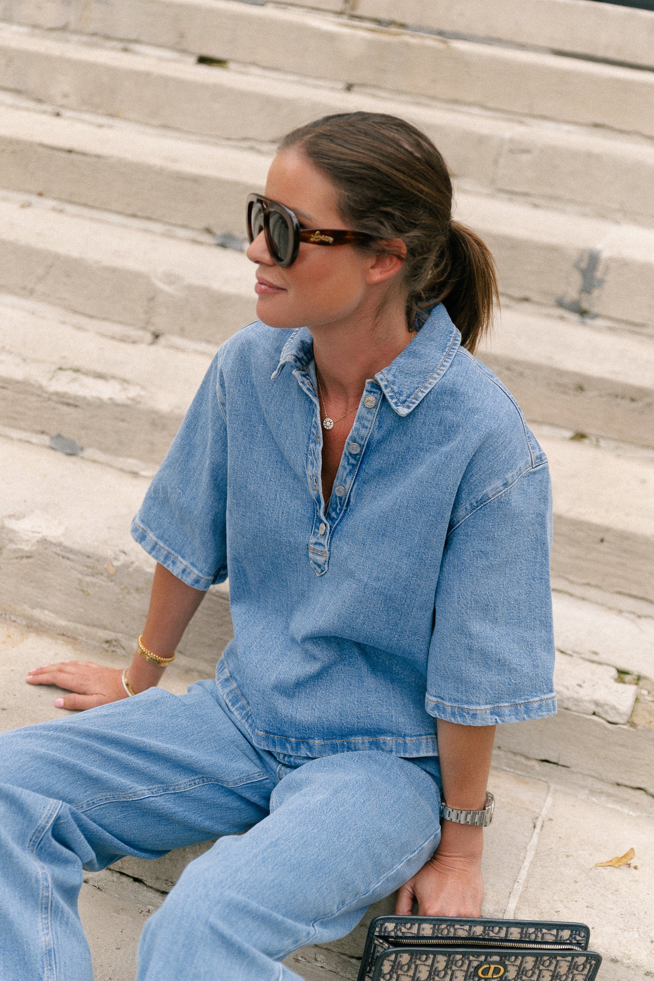 SLFLiva-Kori 2/4 boxi polo shirt light blue denim