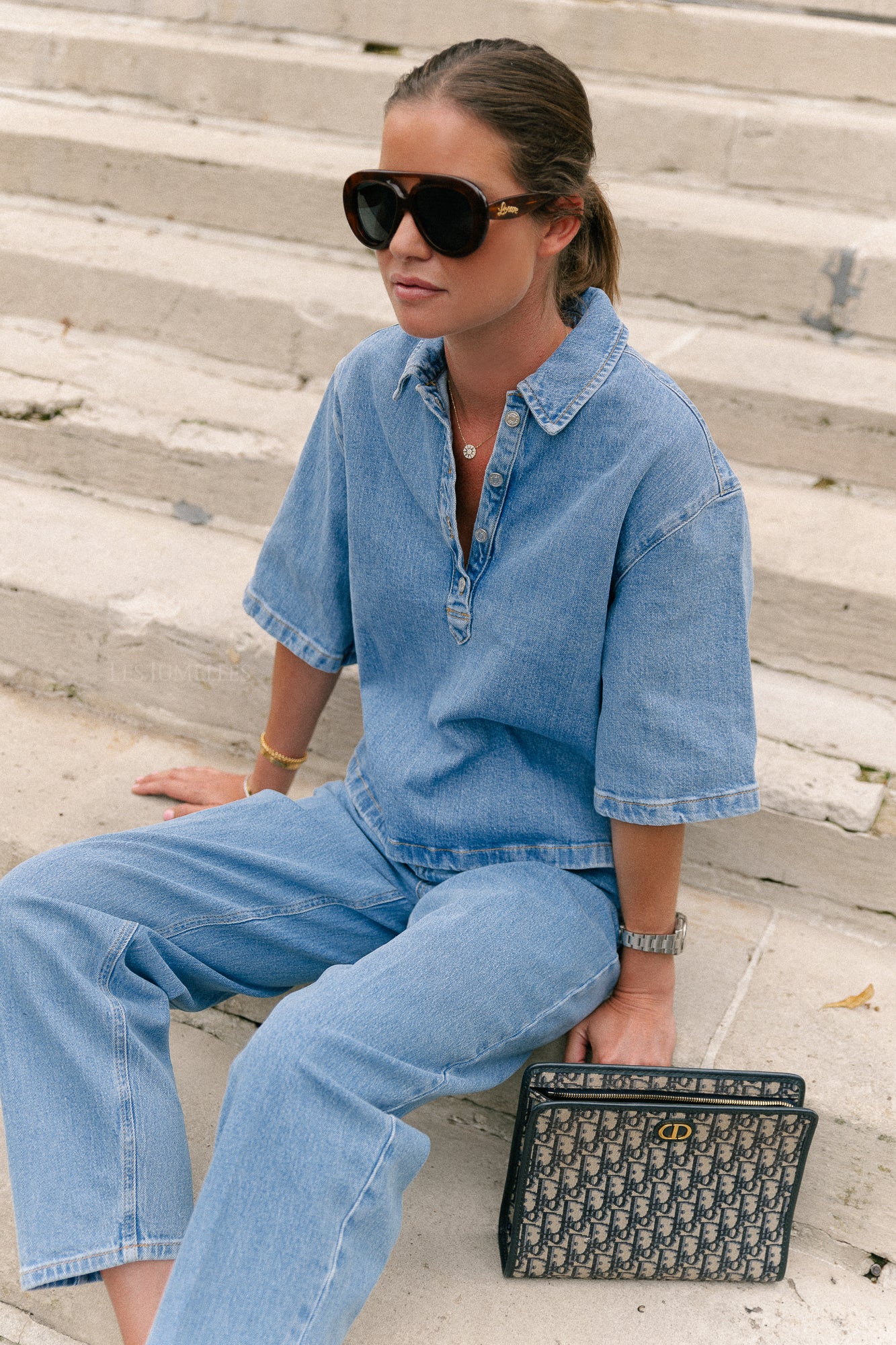 SLFLiva-Kori 2/4 boxi polo shirt light blue denim